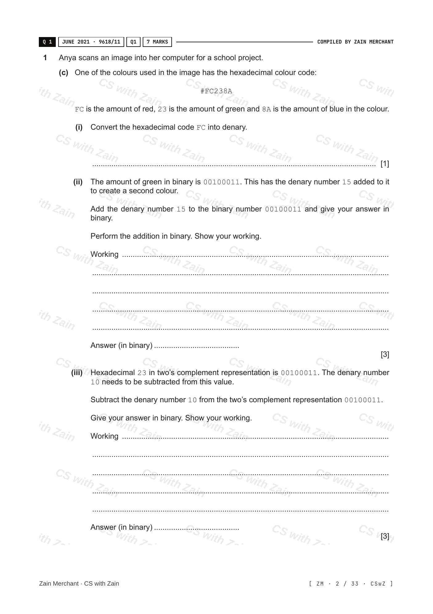 1.1 Data Representation questions, page 1