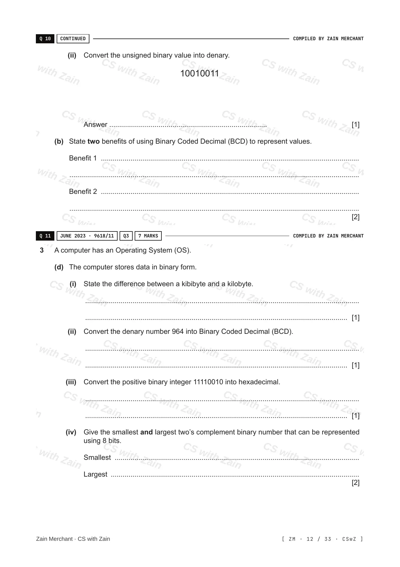 1.1 Data Representation questions, page 11