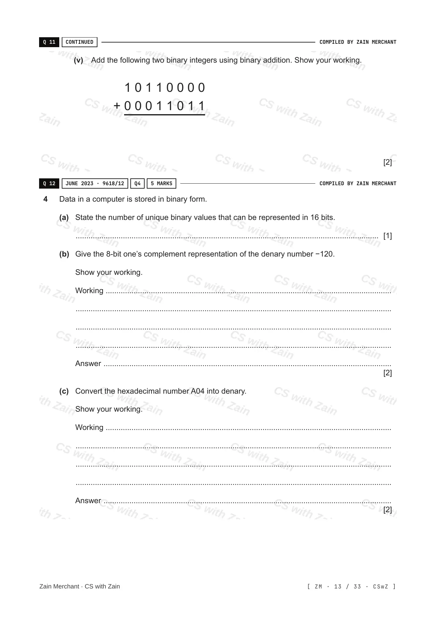1.1 Data Representation questions, page 12