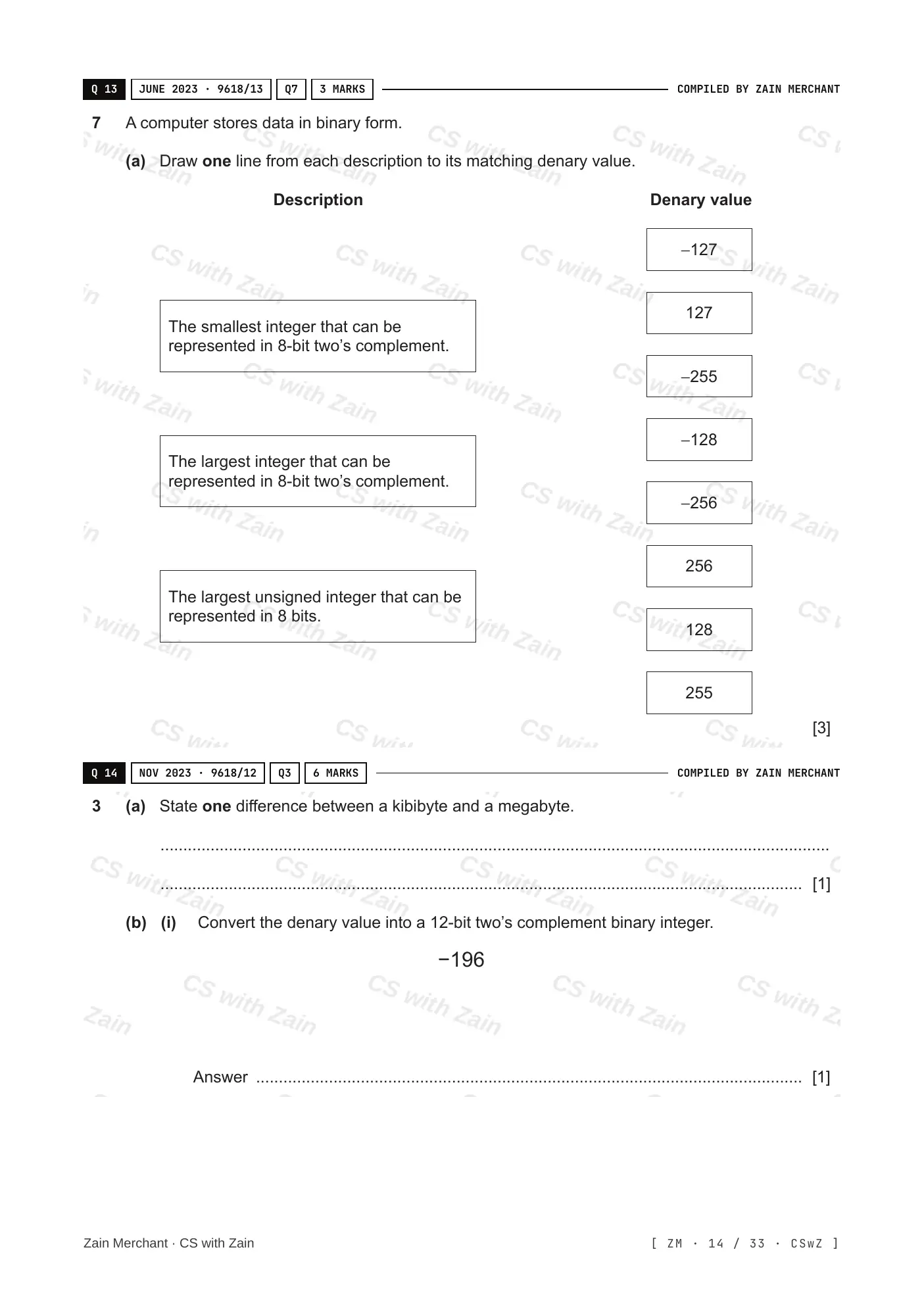 1.1 Data Representation questions, page 13