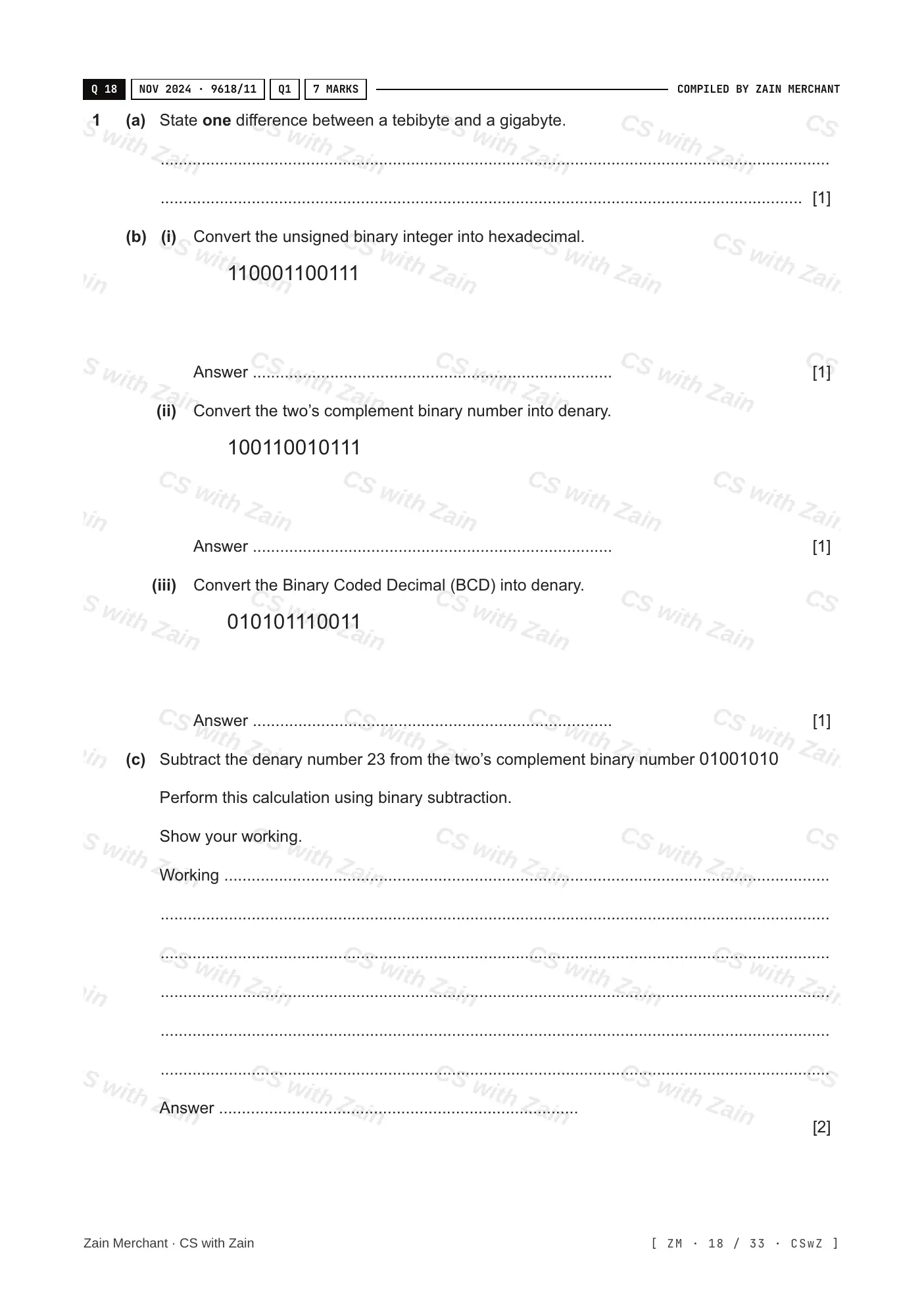 1.1 Data Representation questions, page 17