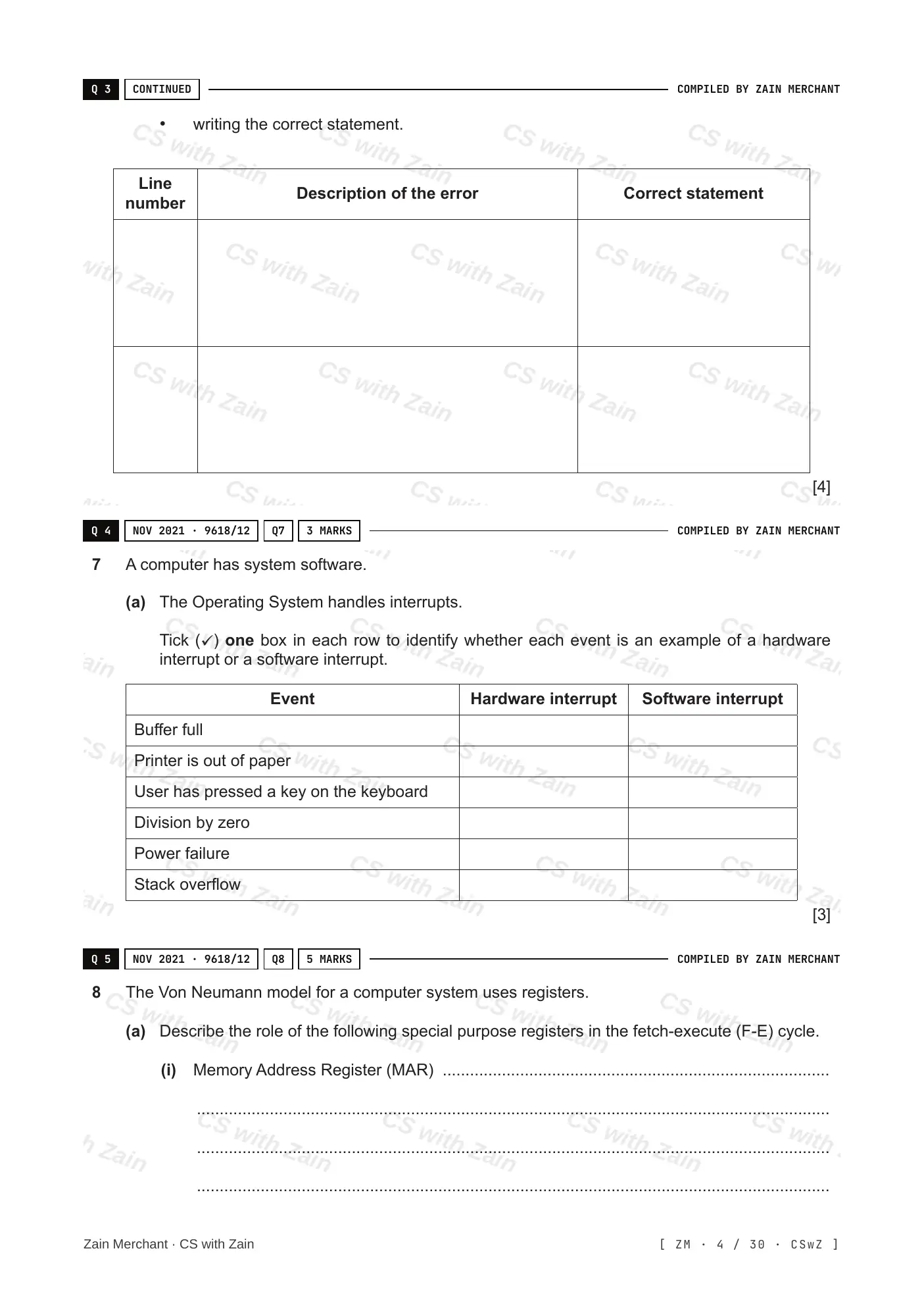 4.1 Central Processing Unit (CPU) Architecture questions, page 3