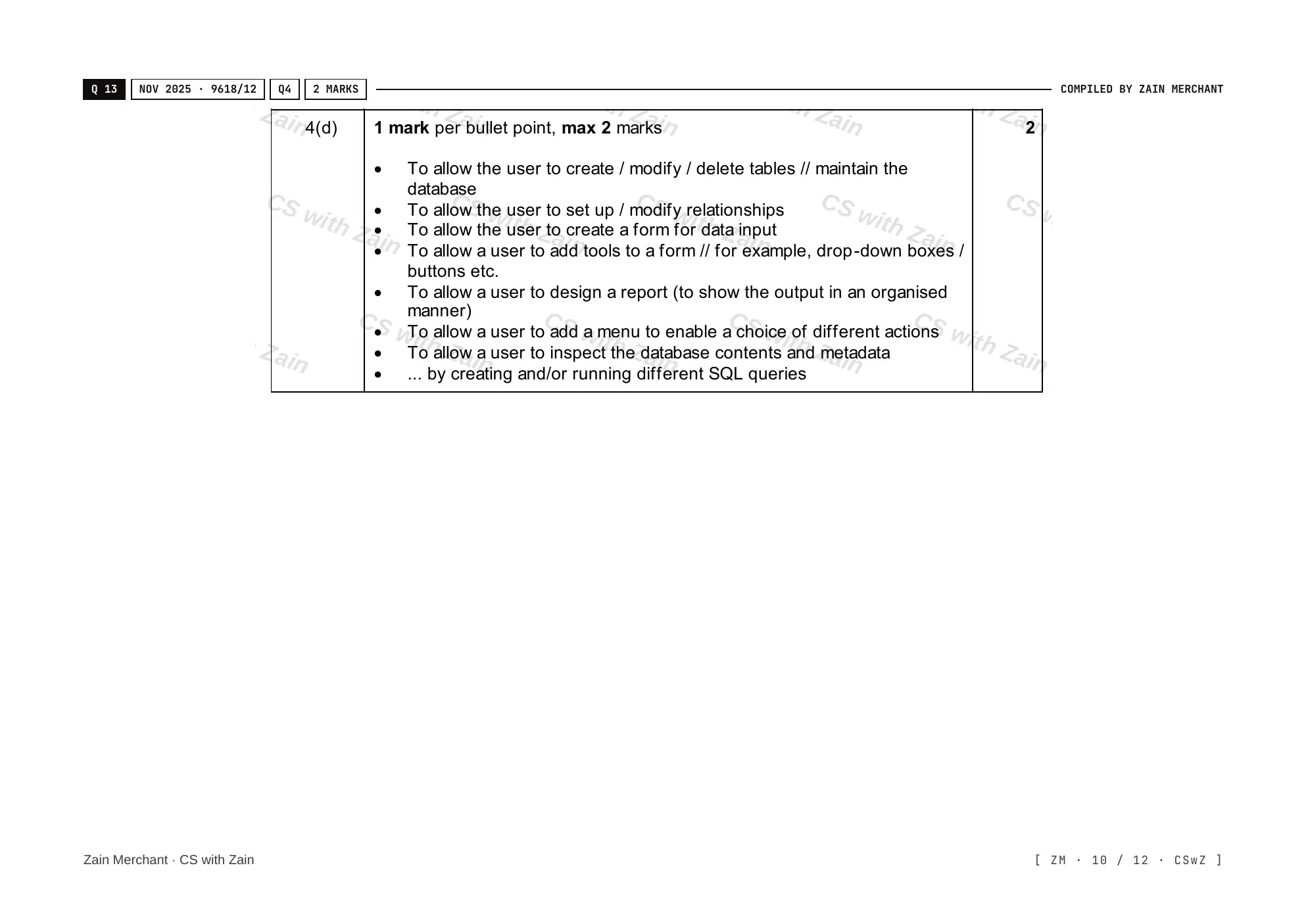 8.2 Database Management Systems (DBMS) mark scheme, page 9