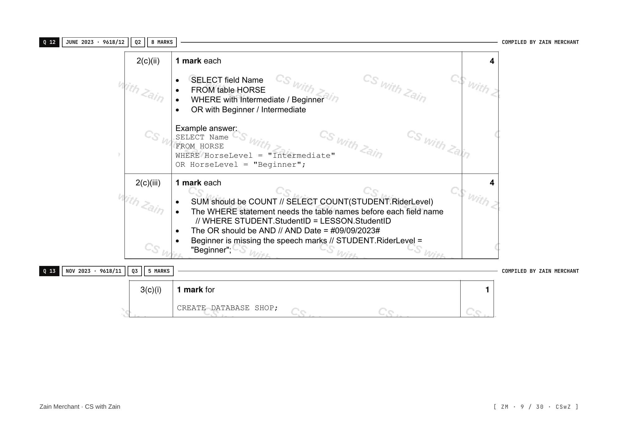 8.3 Data Definition Language (DDL) and Data Manipulation Language (DML) mark scheme, page 8