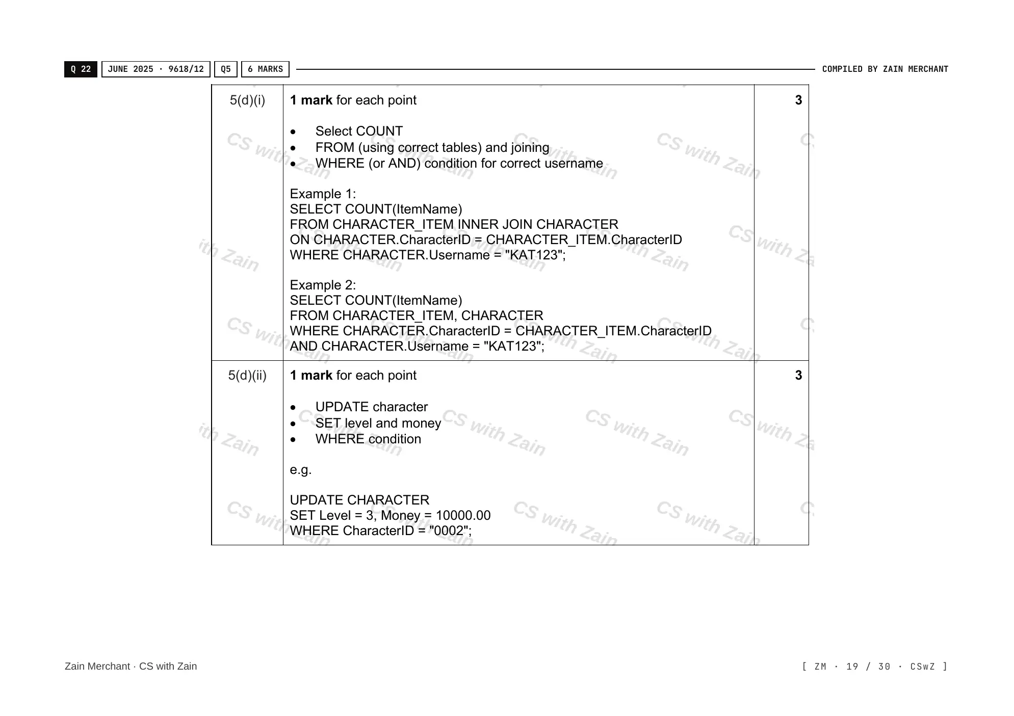 8.3 Data Definition Language (DDL) and Data Manipulation Language (DML) mark scheme, page 18