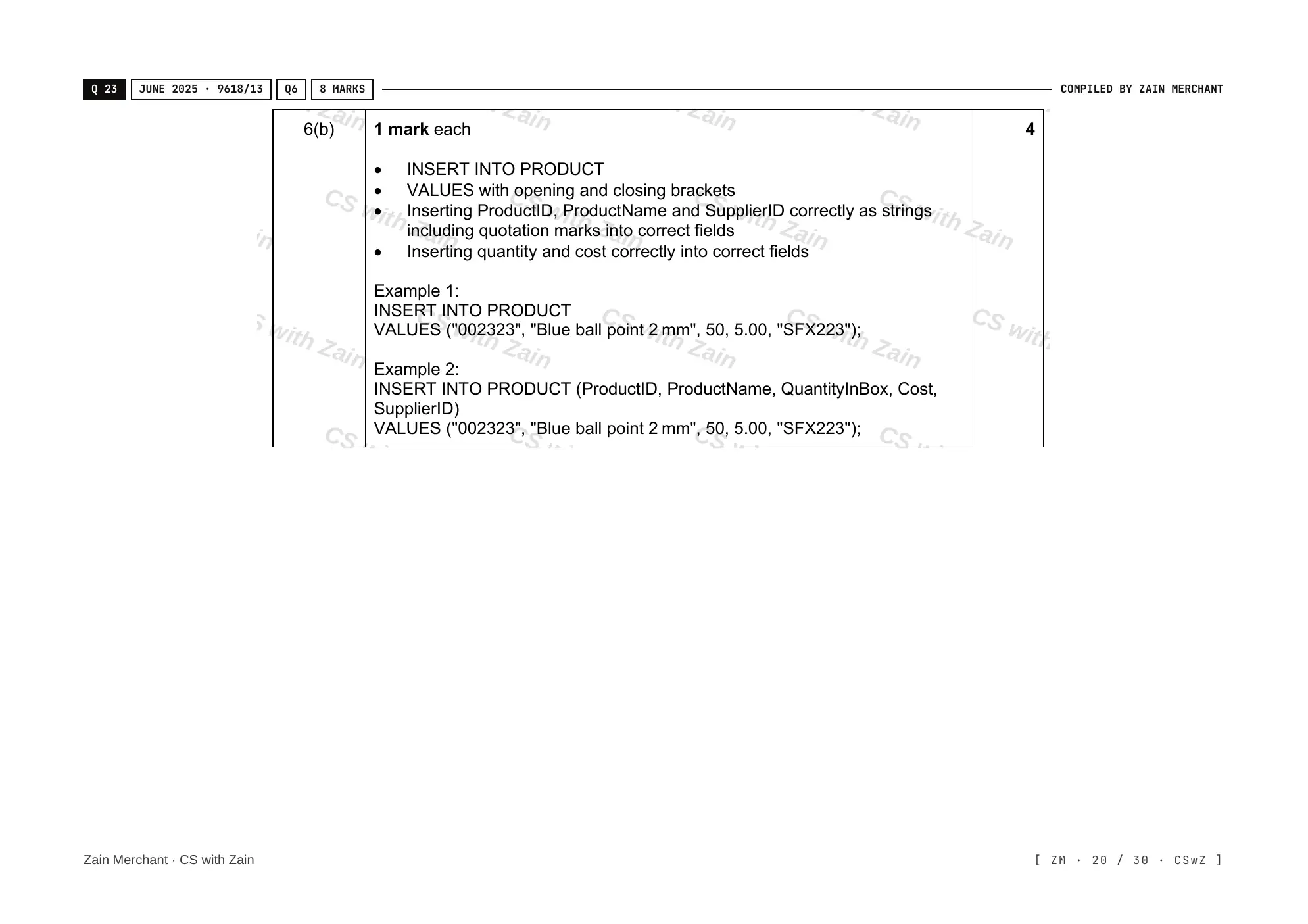 8.3 Data Definition Language (DDL) and Data Manipulation Language (DML) mark scheme, page 19