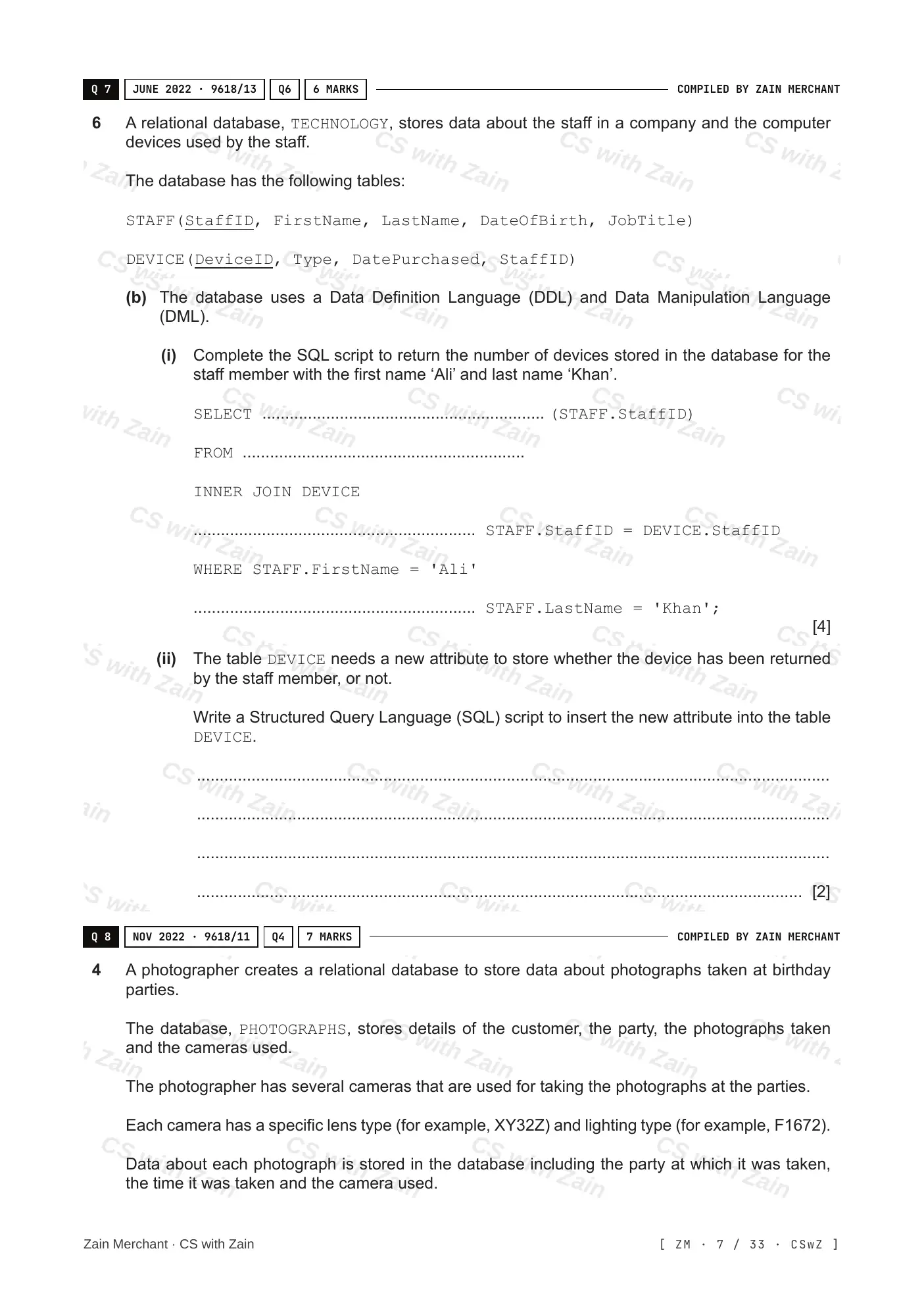 8.3 Data Definition Language (DDL) and Data Manipulation Language (DML) questions, page 6