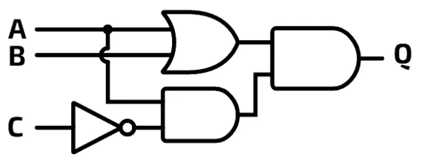 The finished circuit: a dot on line A branches down to the second AND gate, and the branch hops over line B with a small curve.