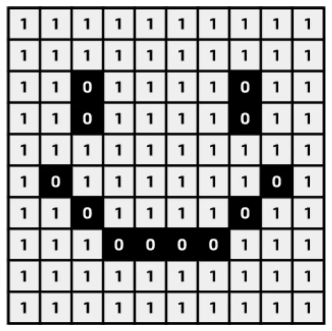 A 10 by 10 grid of pixels showing a smiling face. Every grey pixel holds the bit 1 and every black pixel holds the bit 0.