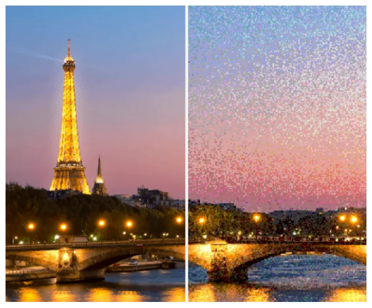 Two halves of a photo of the Eiffel Tower at sunset. The left half, in 24-bit colour, has smooth colours. The right half, in 8-bit colour, has a speckled sky and rough colours.
