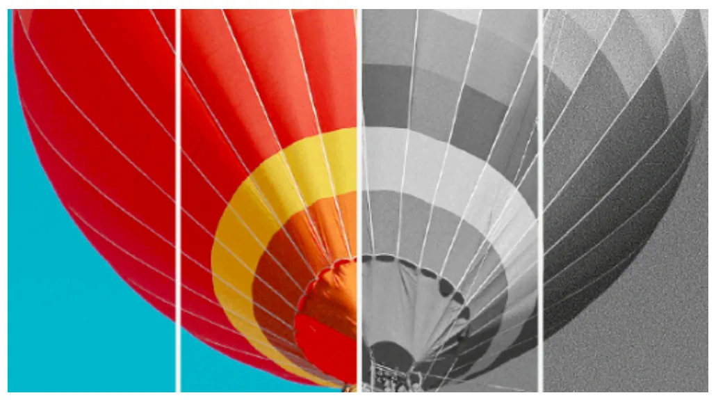 Four strips of the same photo of a hot-air balloon: 24-bit colour, 8-bit colour, 8-bit greyscale and 1-bit black and white. The 1-bit strip is rough and grainy.