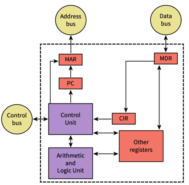 Von Neumann model. Inside the processor, the PC sends an address to the MAR, which connects to the address bus. The MDR connects both ways to the data bus and sends instructions to the CIR, which feeds the Control Unit. The Control Unit connects to the control bus, the Arithmetic and Logic Unit and the other registers.