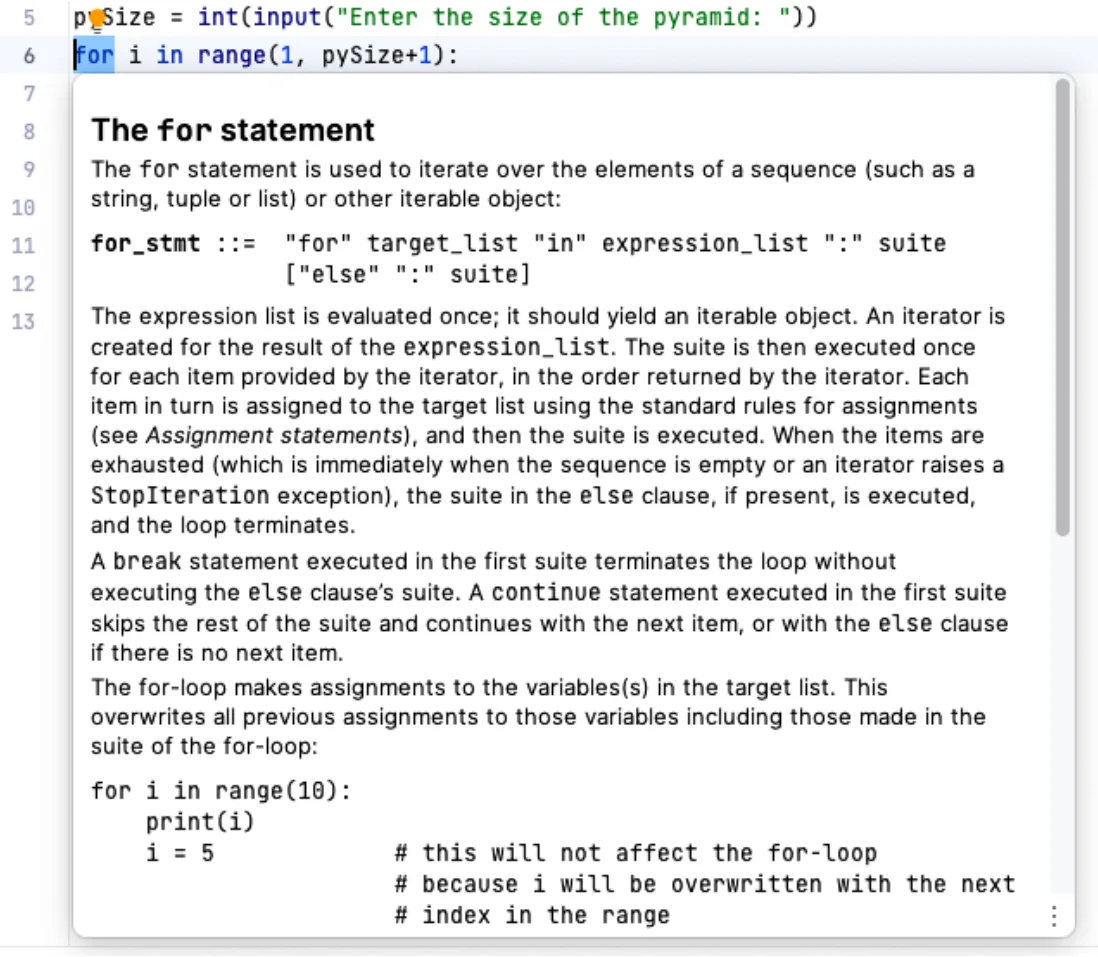 The cursor is on the word for in line 6. A pop-up box titled The for statement explains what a for loop does, gives its syntax, and shows a short example.