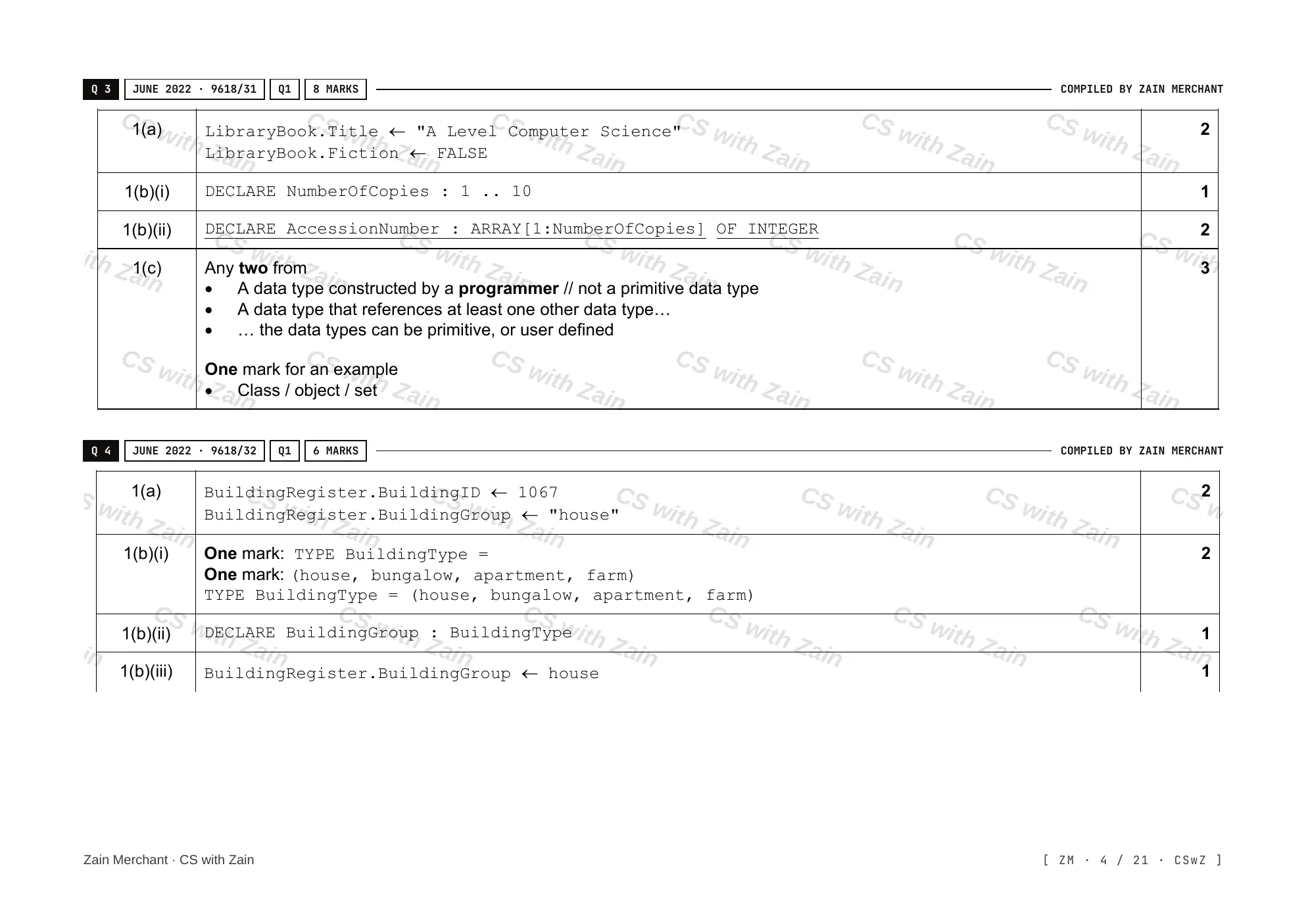 13.1 User-defined data types mark scheme, page 3