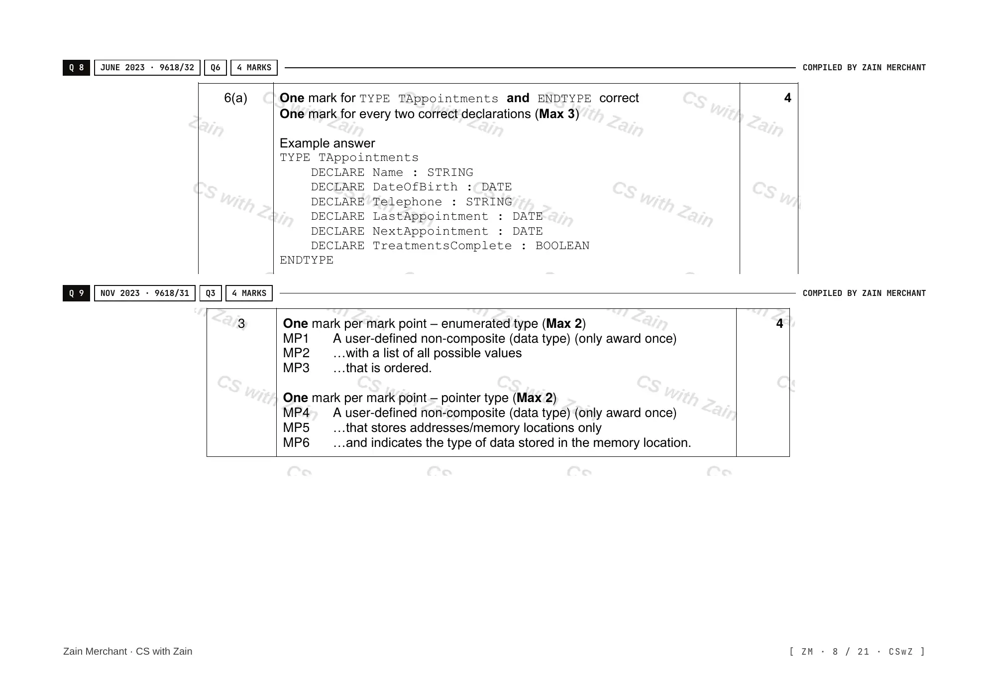 13.1 User-defined data types mark scheme, page 7