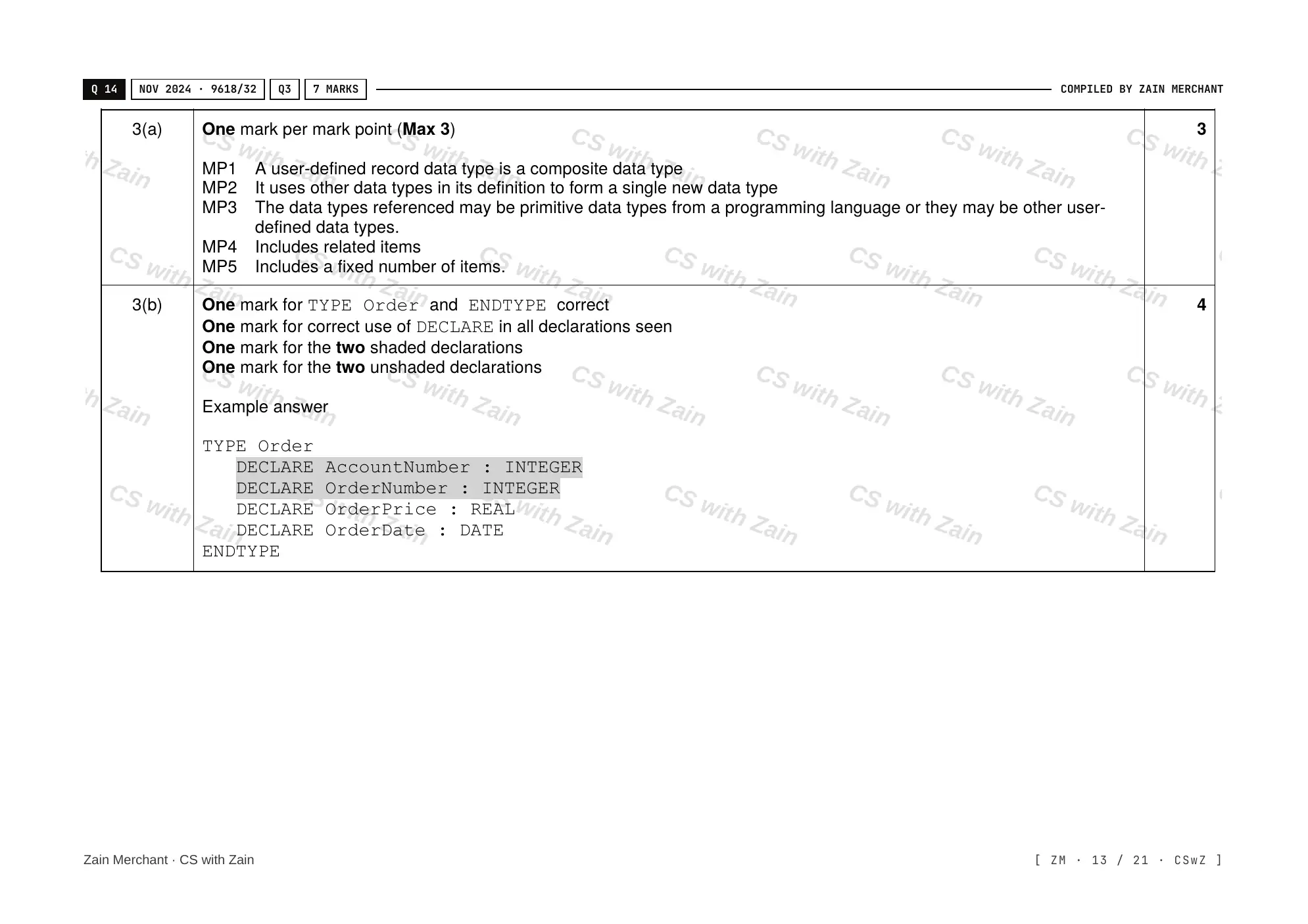 13.1 User-defined data types mark scheme, page 12