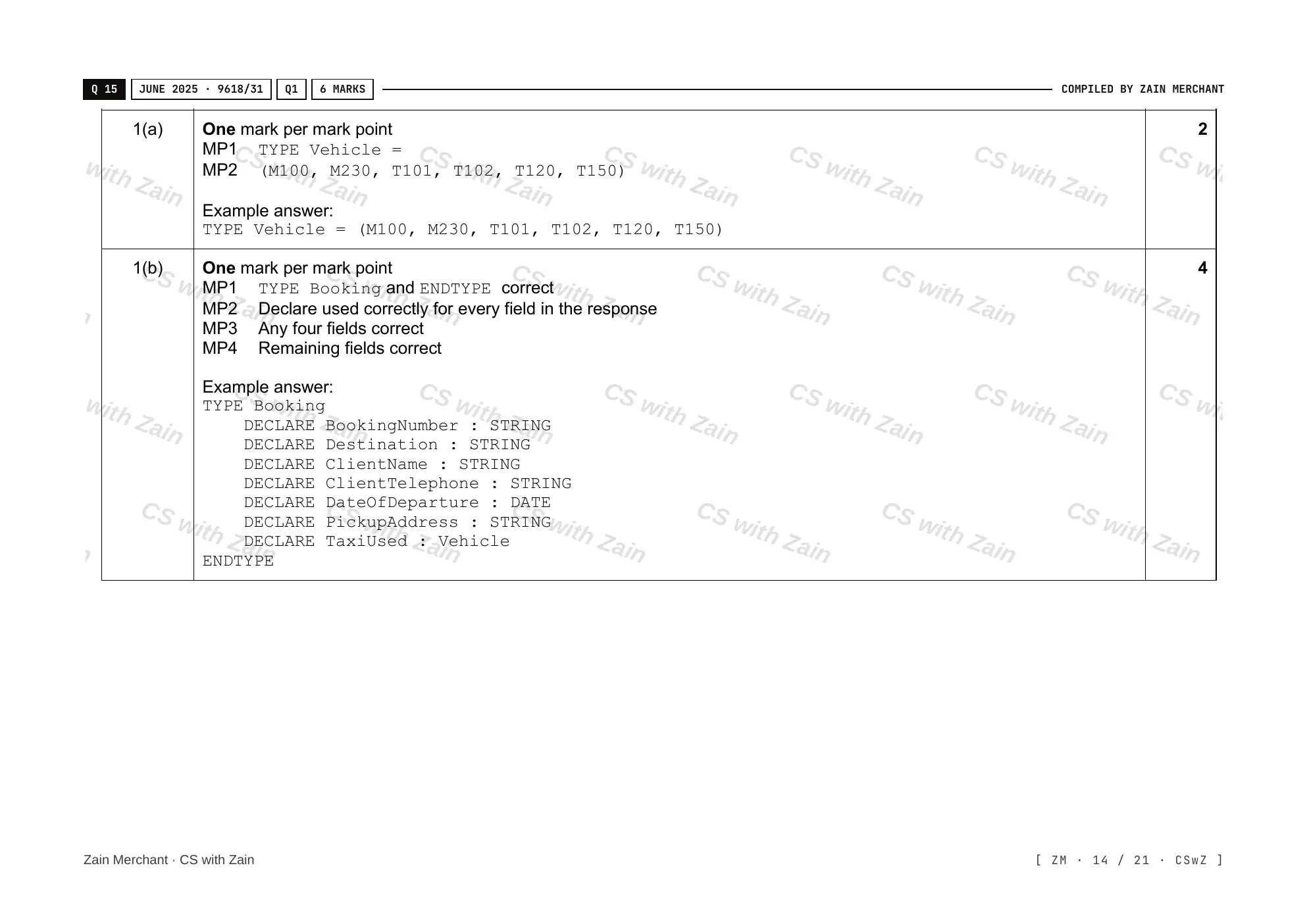 13.1 User-defined data types mark scheme, page 13