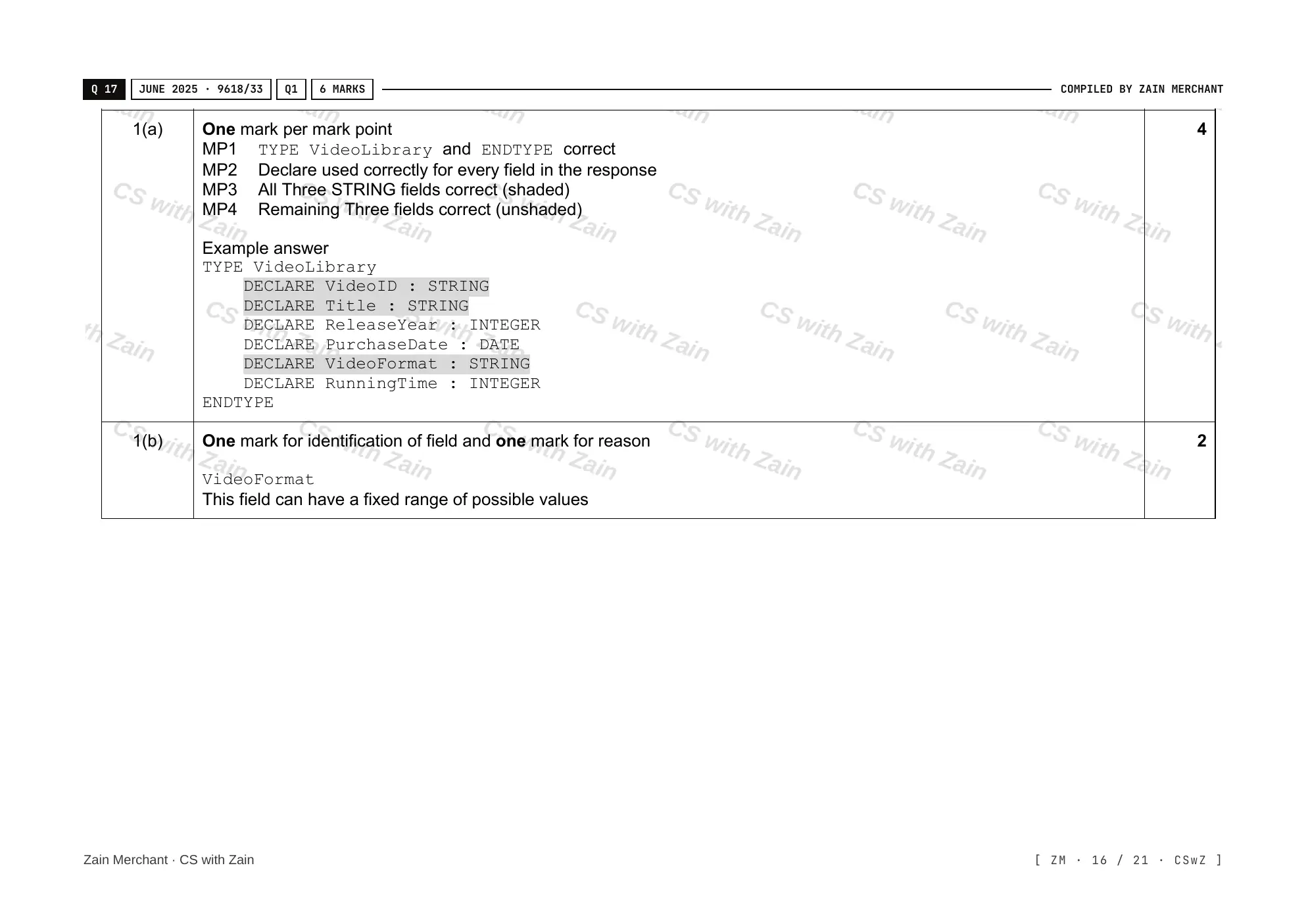 13.1 User-defined data types mark scheme, page 15
