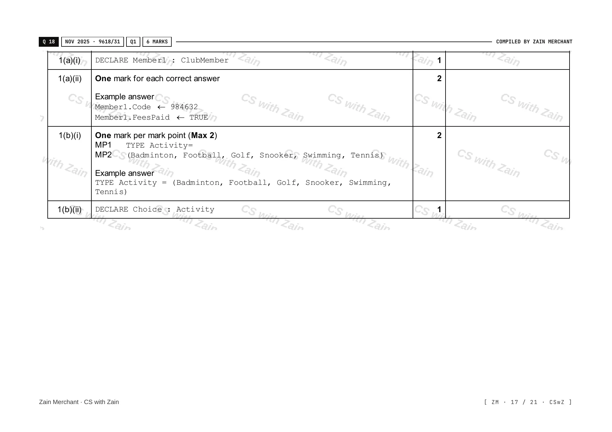 13.1 User-defined data types mark scheme, page 16