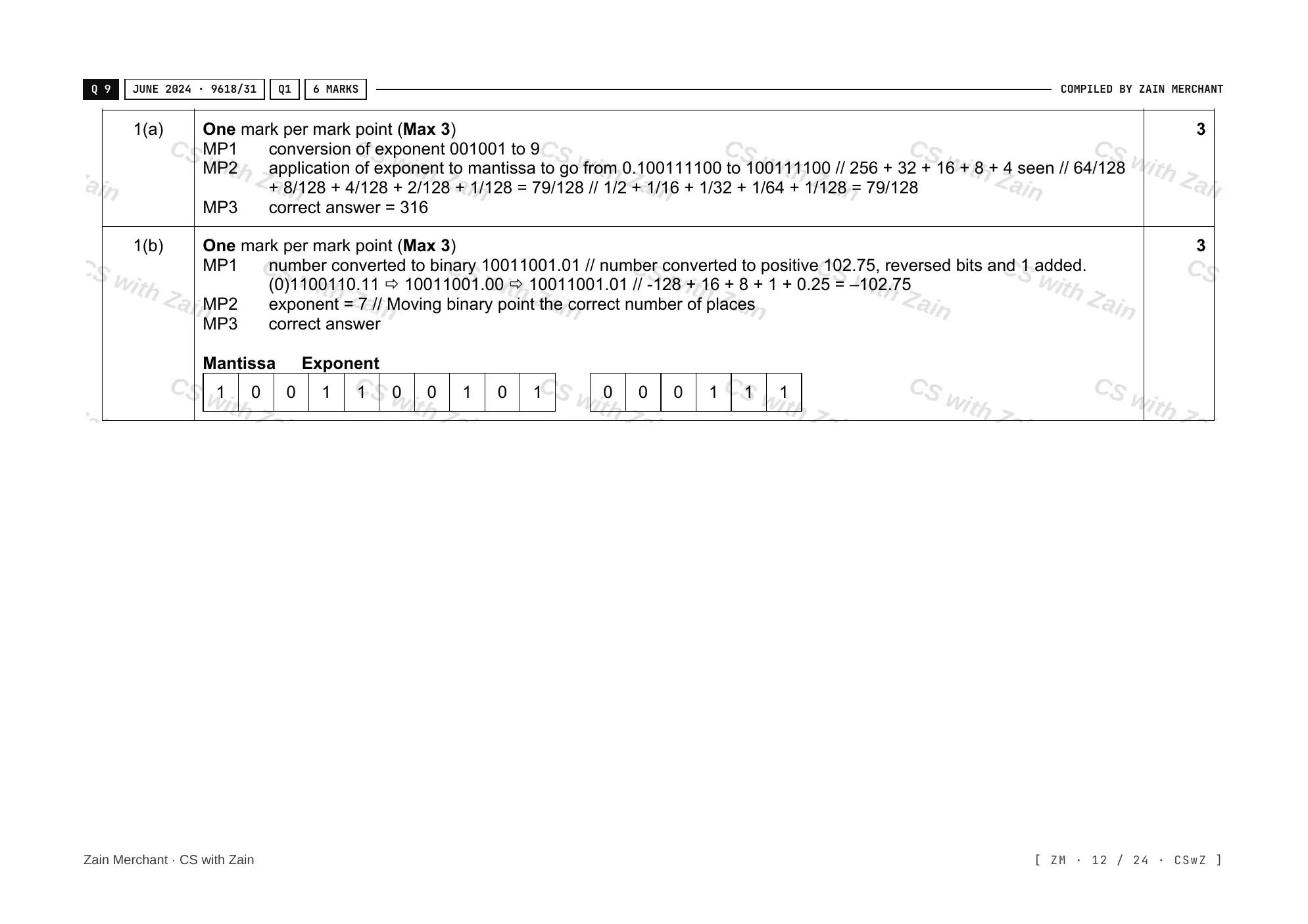 13.3 Floating-point numbers, representation and manipulation mark scheme, page 11