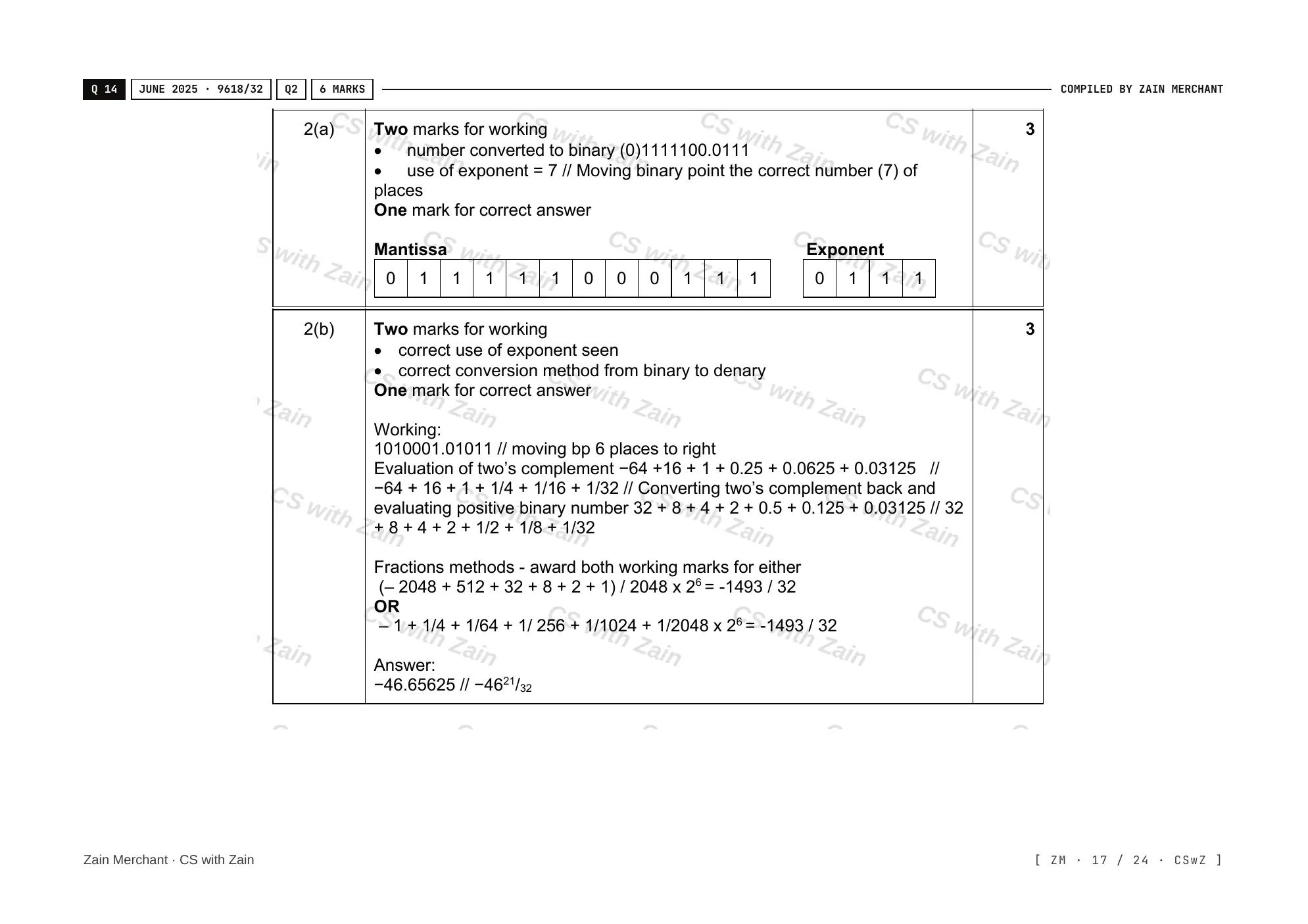 13.3 Floating-point numbers, representation and manipulation mark scheme, page 16