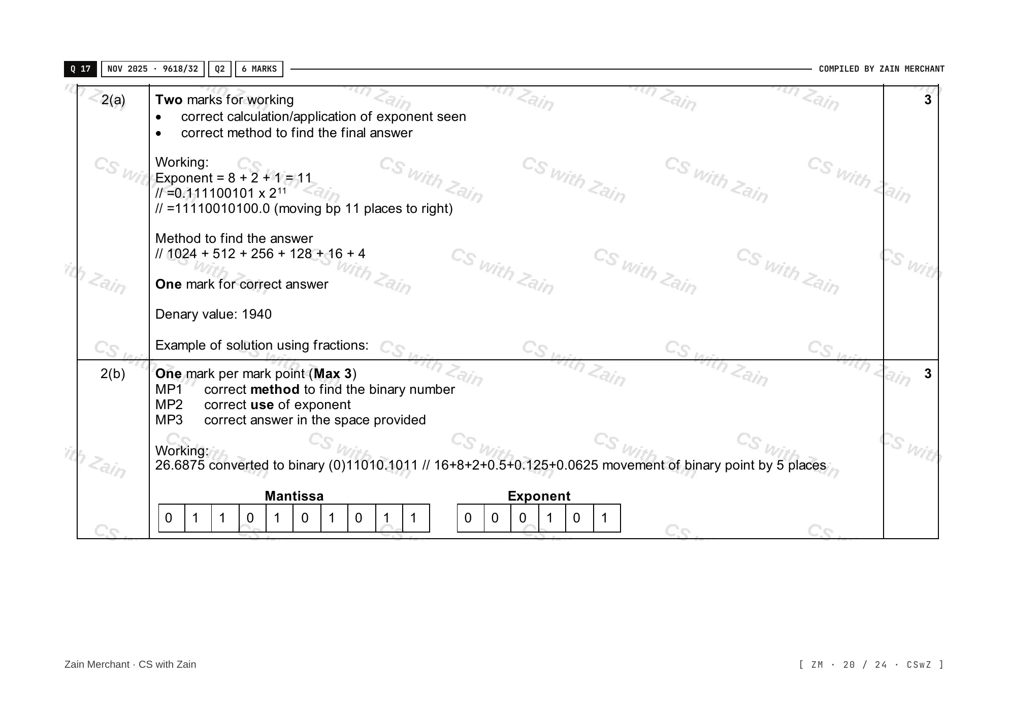 13.3 Floating-point numbers, representation and manipulation mark scheme, page 19