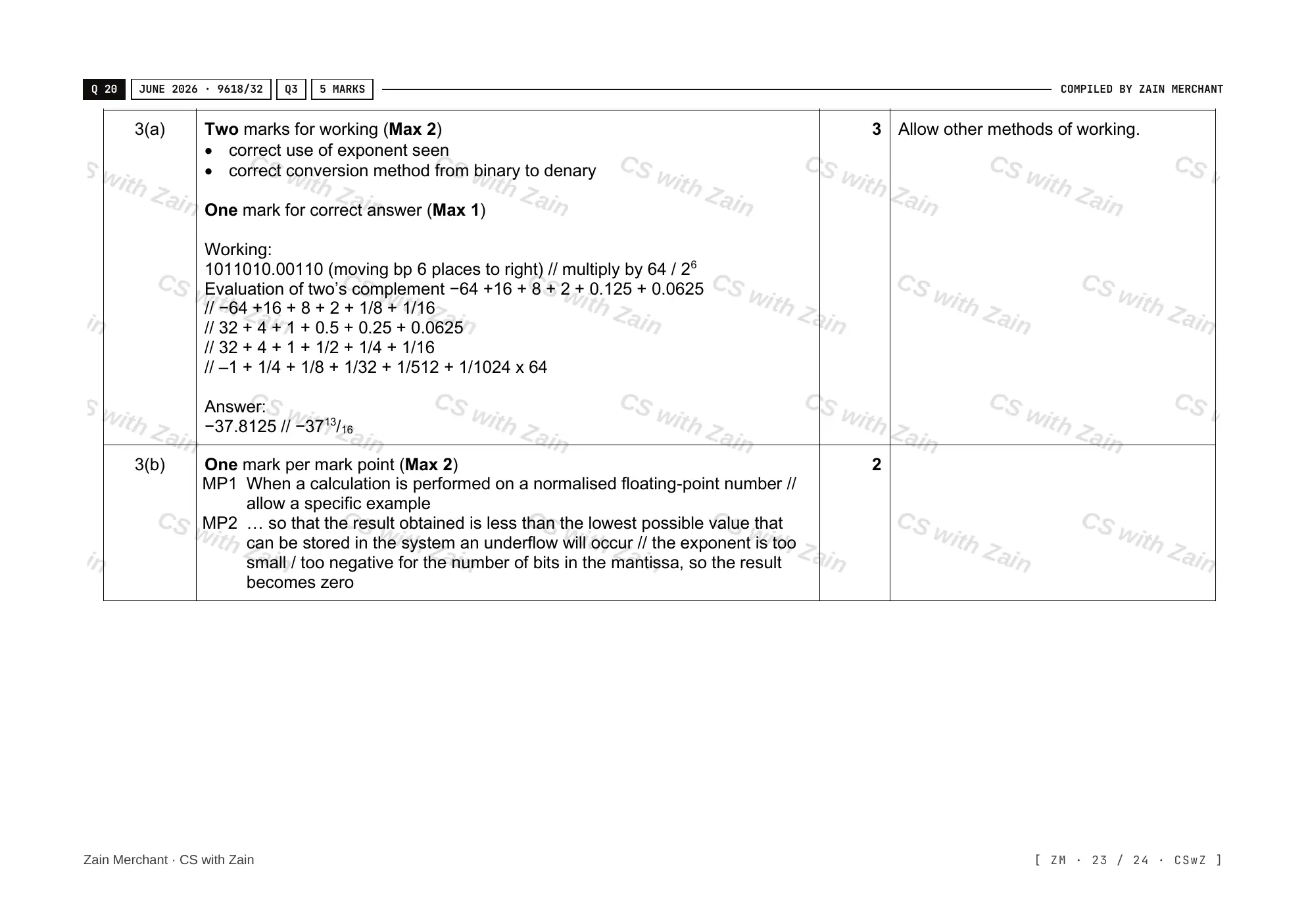 13.3 Floating-point numbers, representation and manipulation mark scheme, page 22
