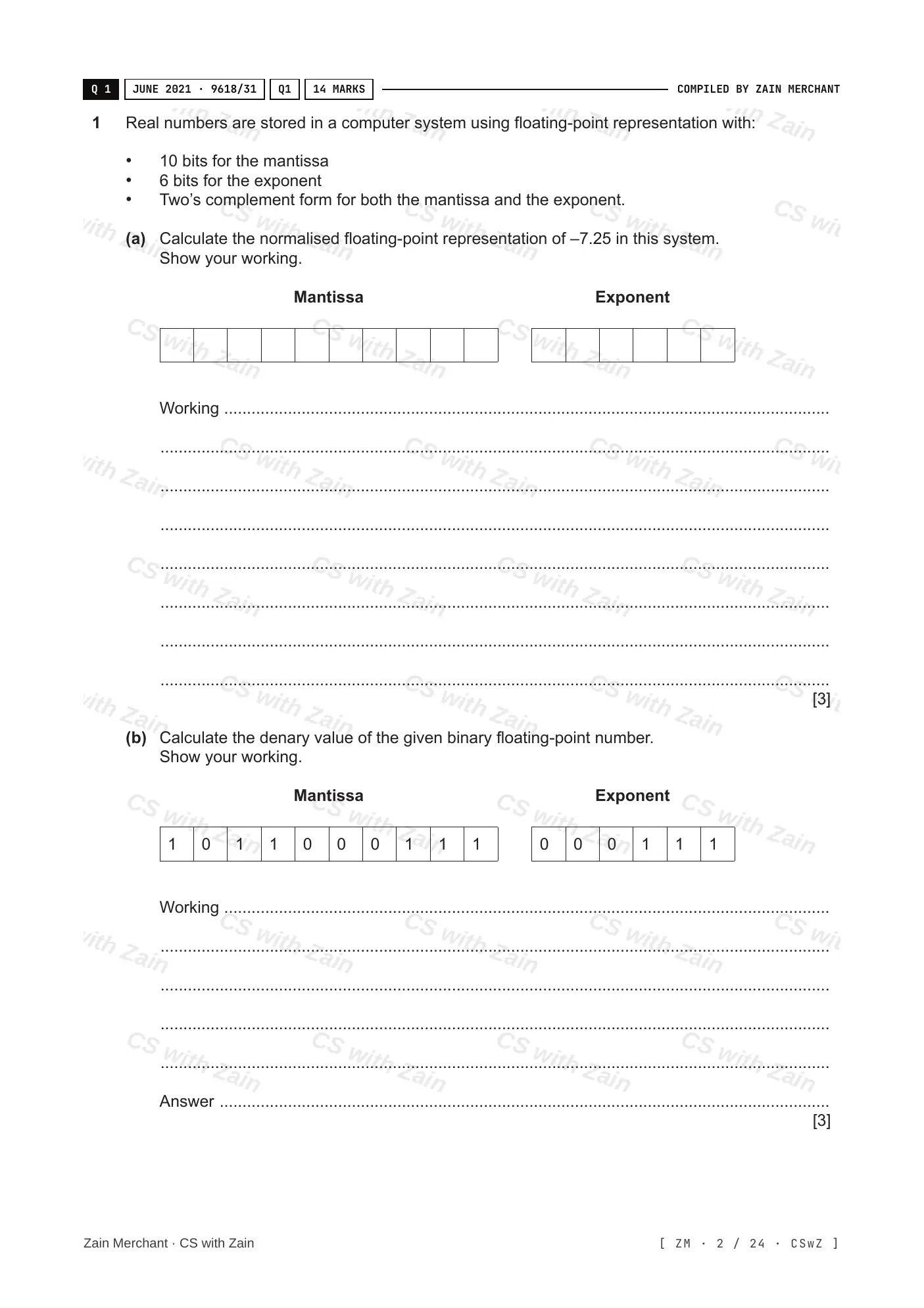 13.3 Floating-point numbers, representation and manipulation questions, page 1