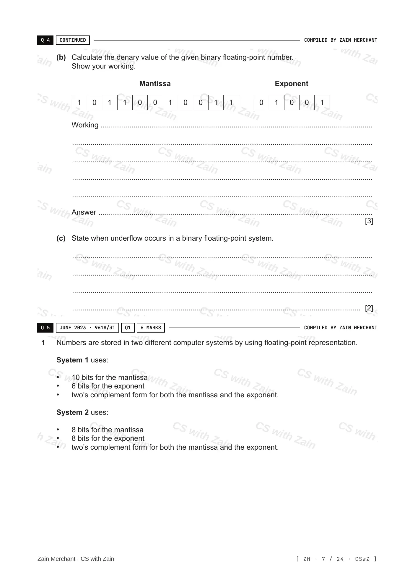 13.3 Floating-point numbers, representation and manipulation questions, page 6