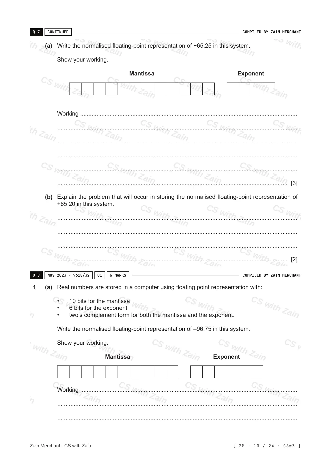 13.3 Floating-point numbers, representation and manipulation questions, page 9