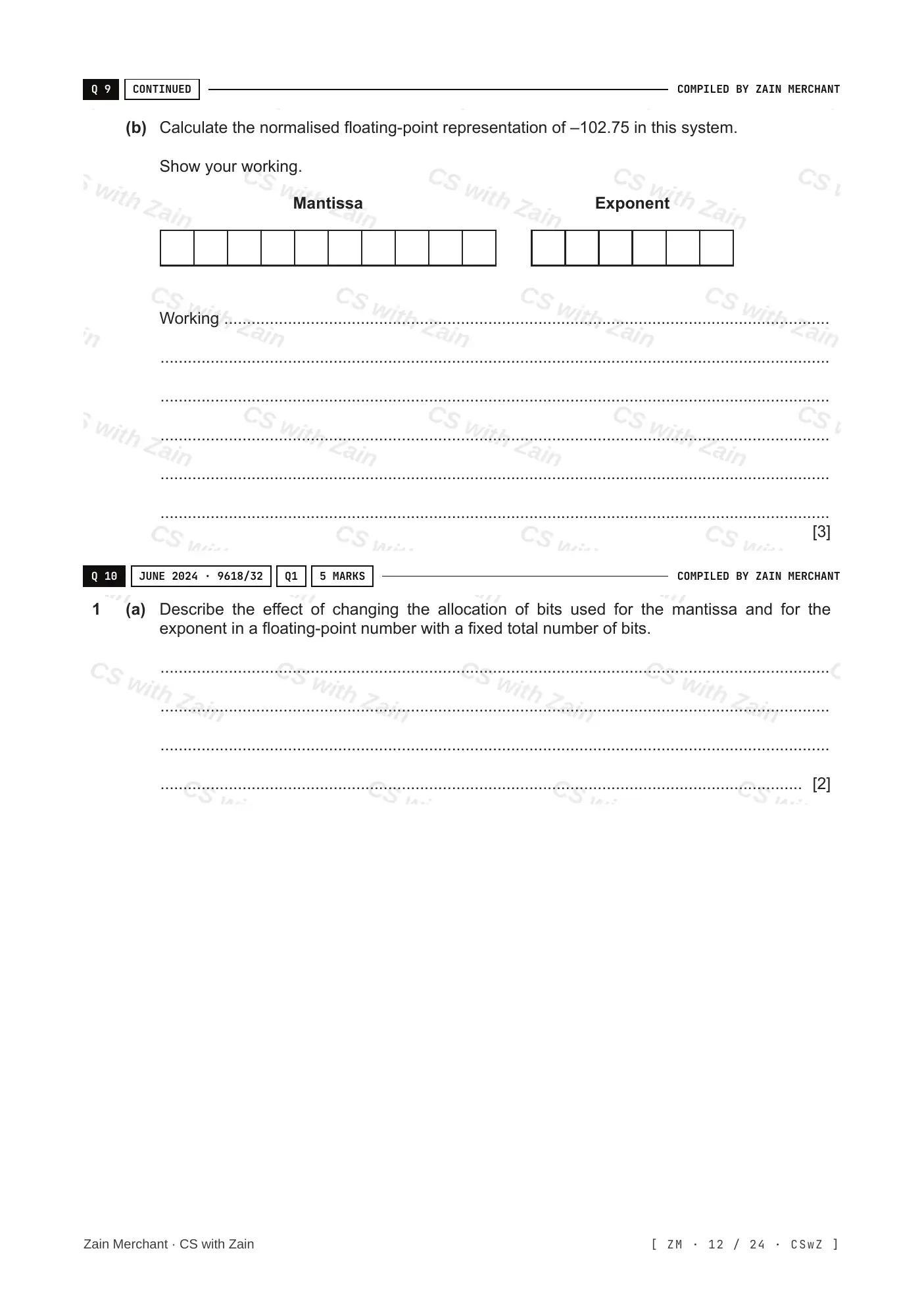 13.3 Floating-point numbers, representation and manipulation questions, page 11