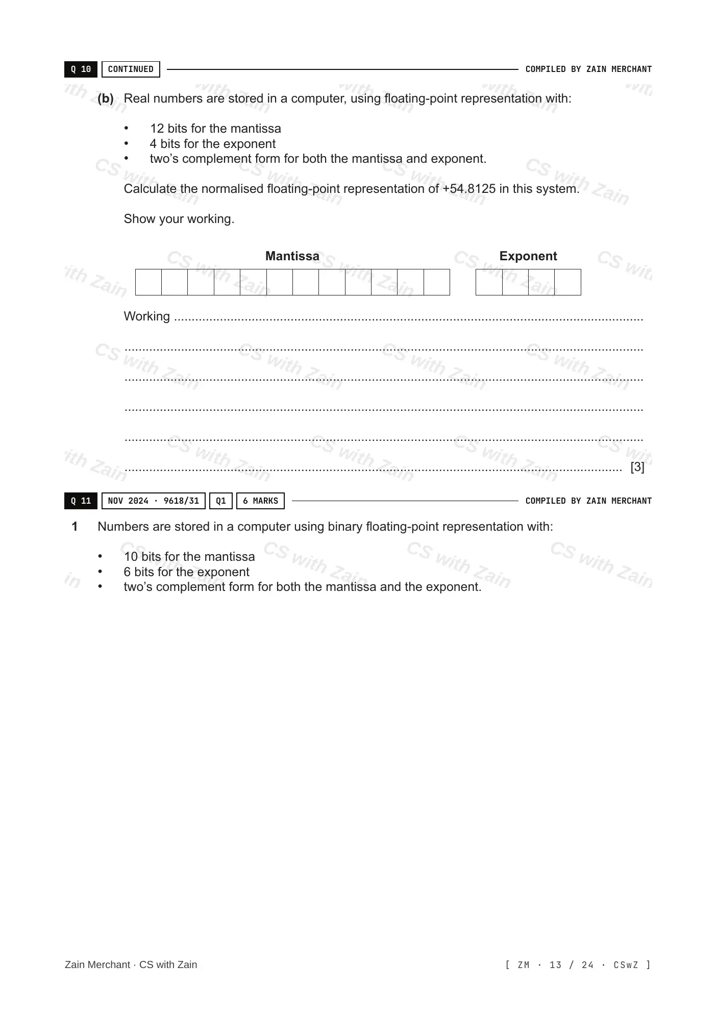 13.3 Floating-point numbers, representation and manipulation questions, page 12