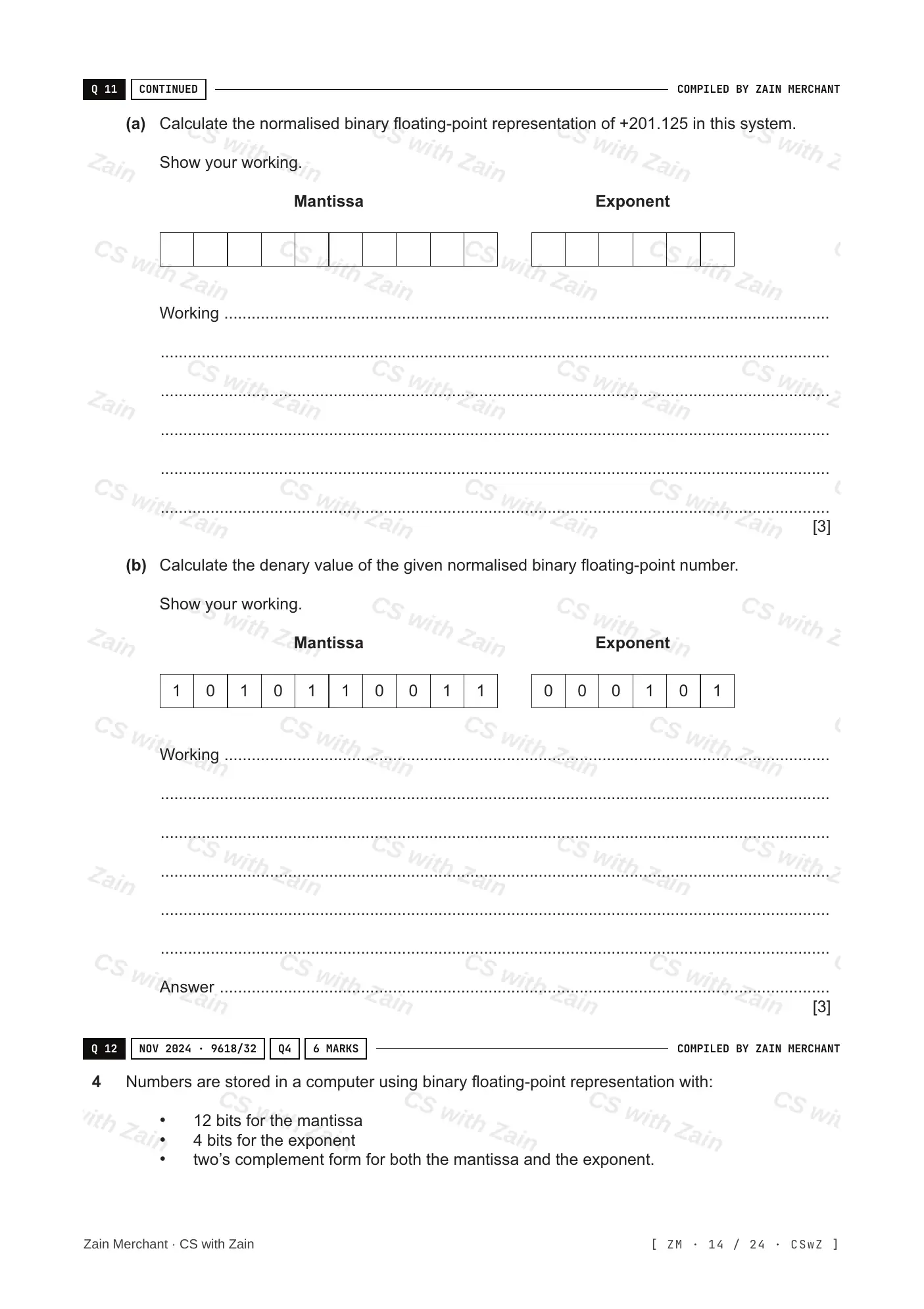 13.3 Floating-point numbers, representation and manipulation questions, page 13