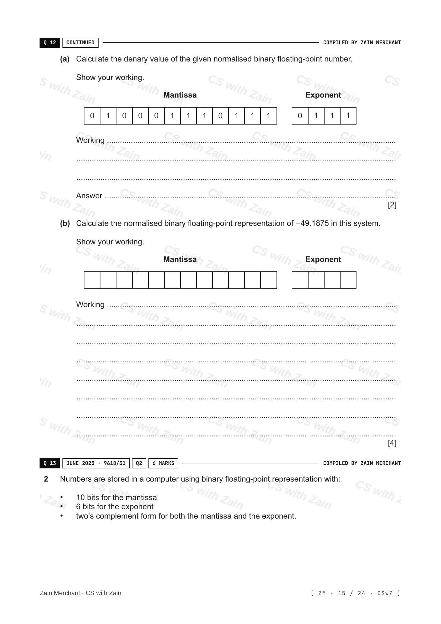 13.3 Floating-point numbers, representation and manipulation questions, page 14