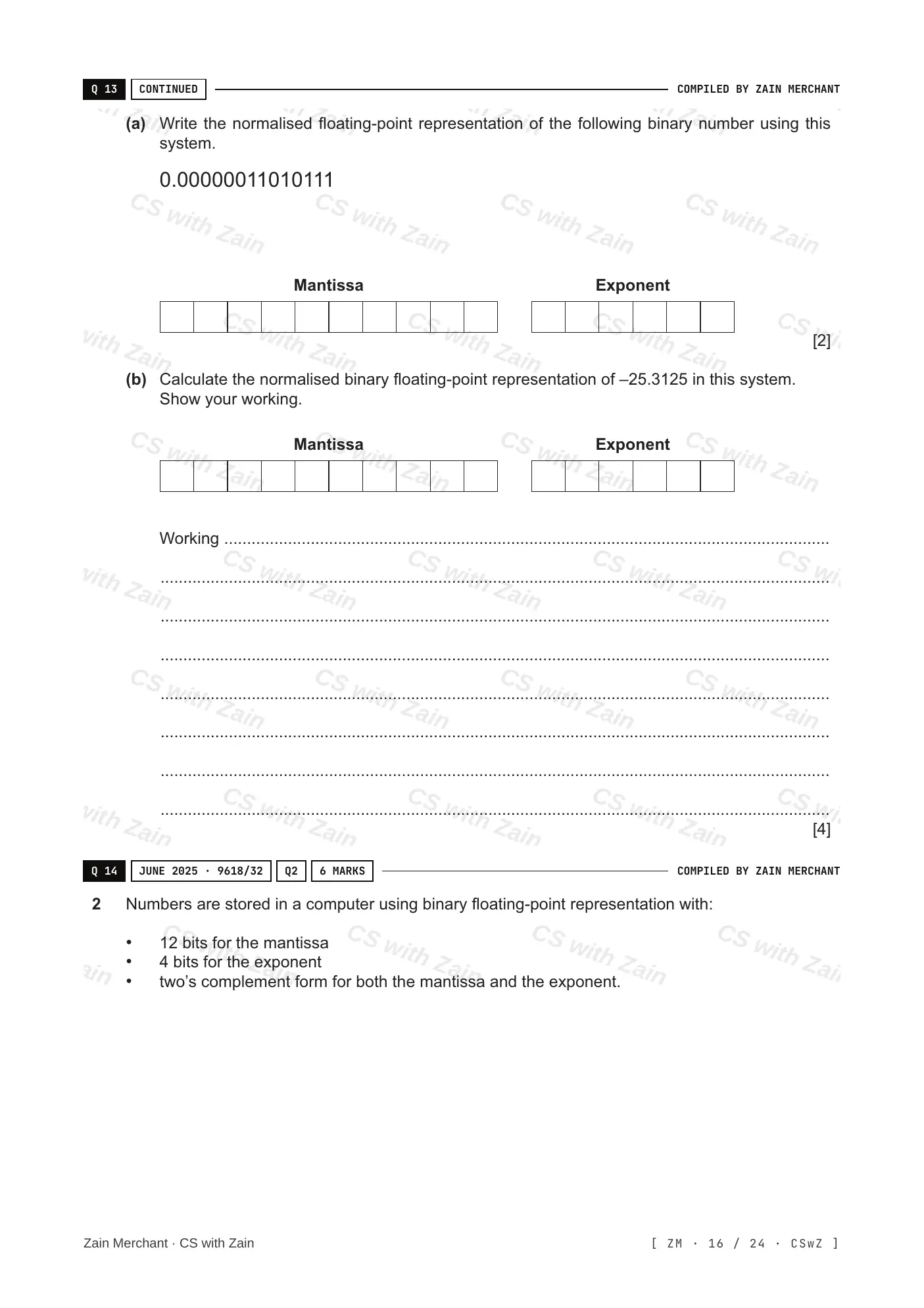 13.3 Floating-point numbers, representation and manipulation questions, page 15