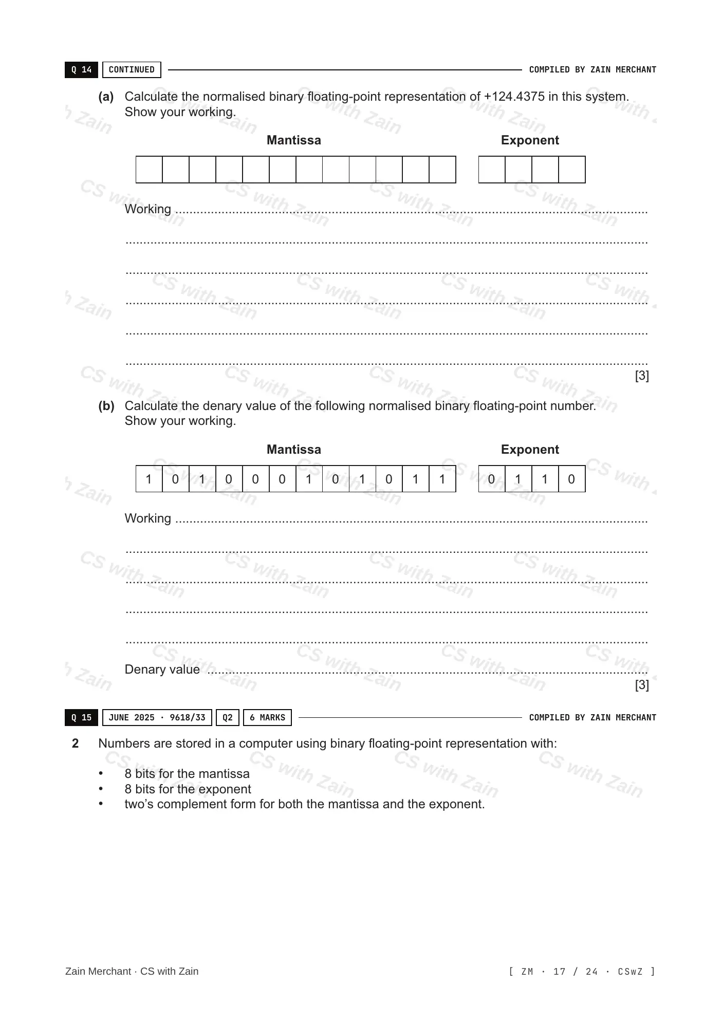 13.3 Floating-point numbers, representation and manipulation questions, page 16