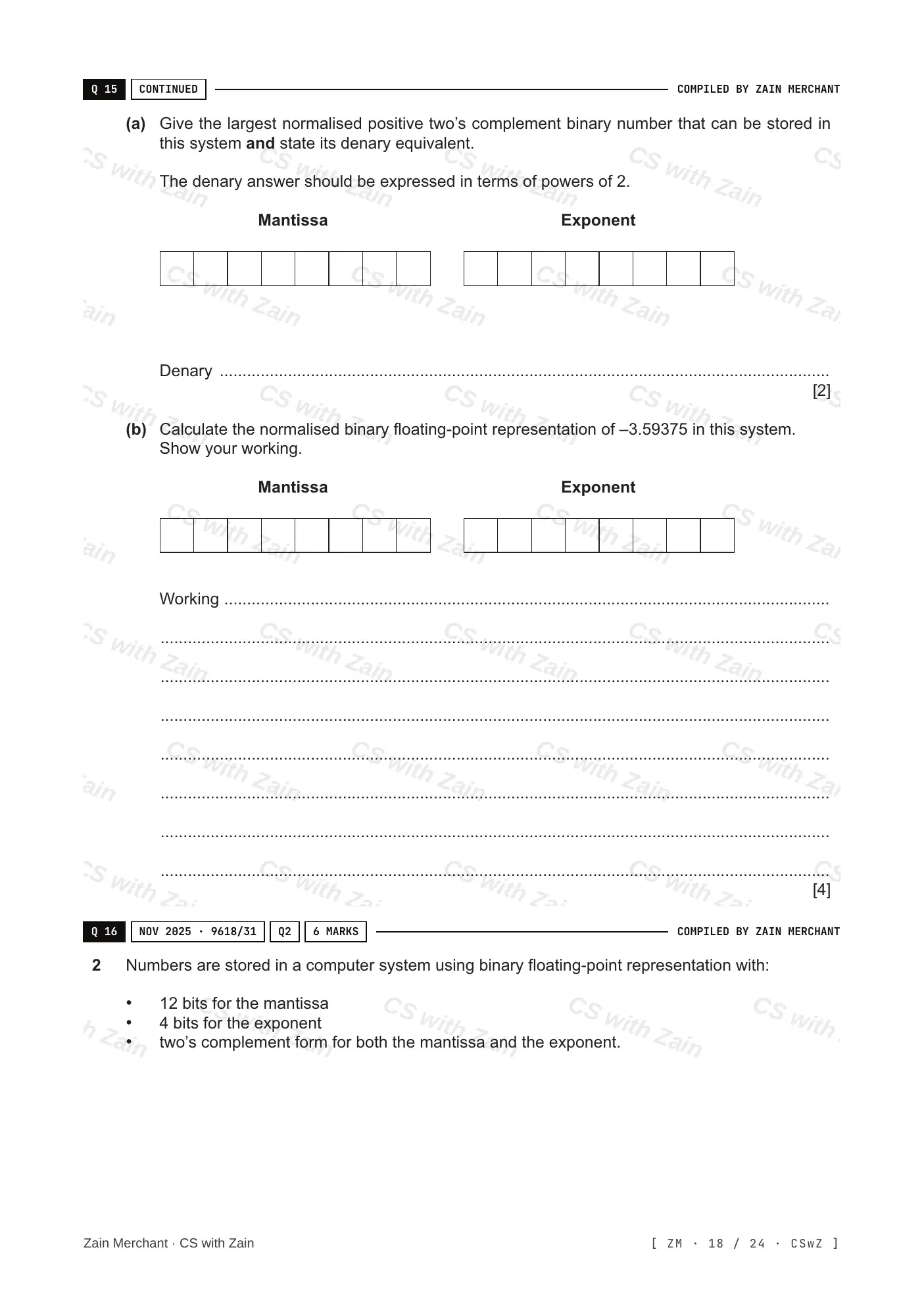 13.3 Floating-point numbers, representation and manipulation questions, page 17