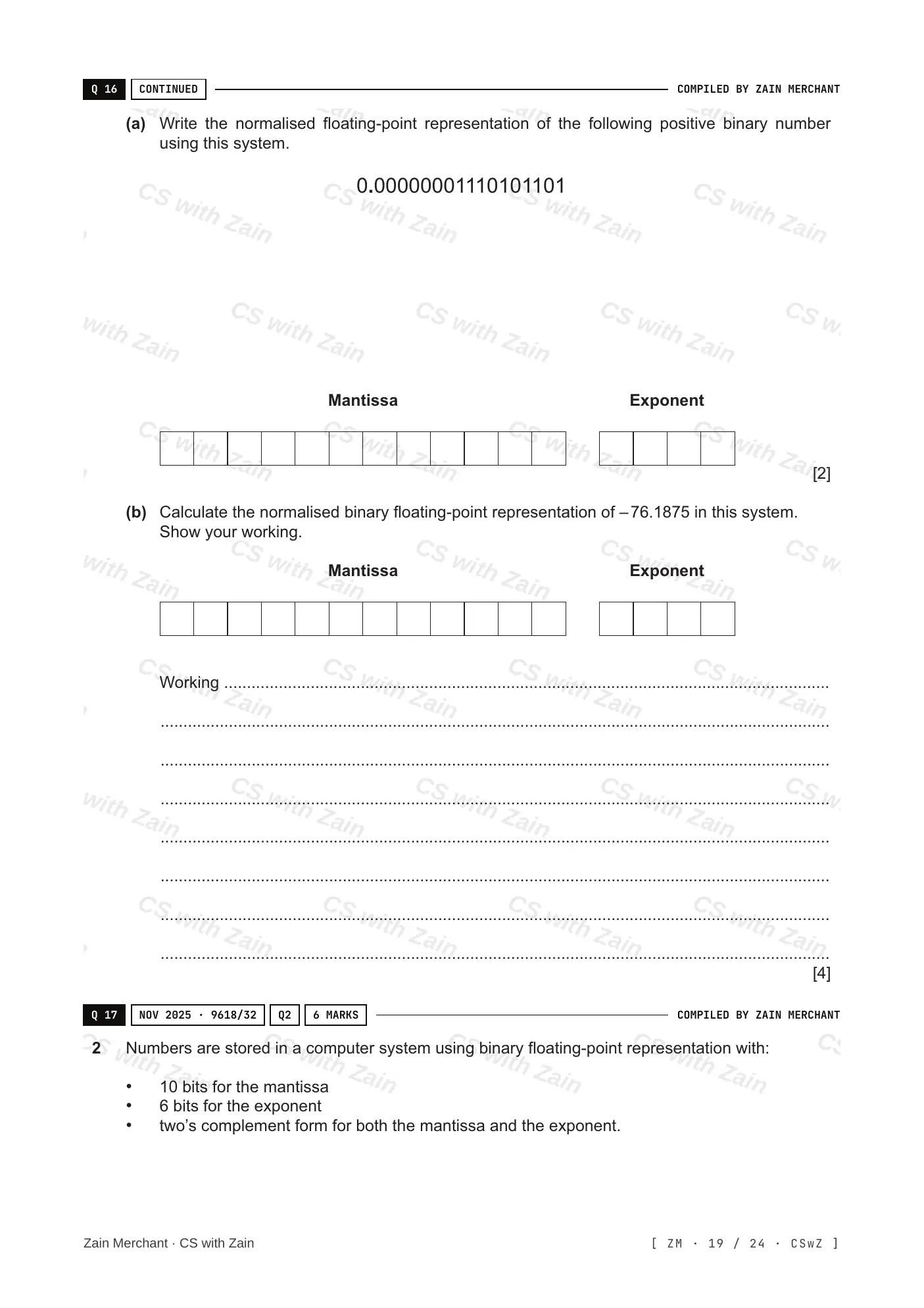 13.3 Floating-point numbers, representation and manipulation questions, page 18