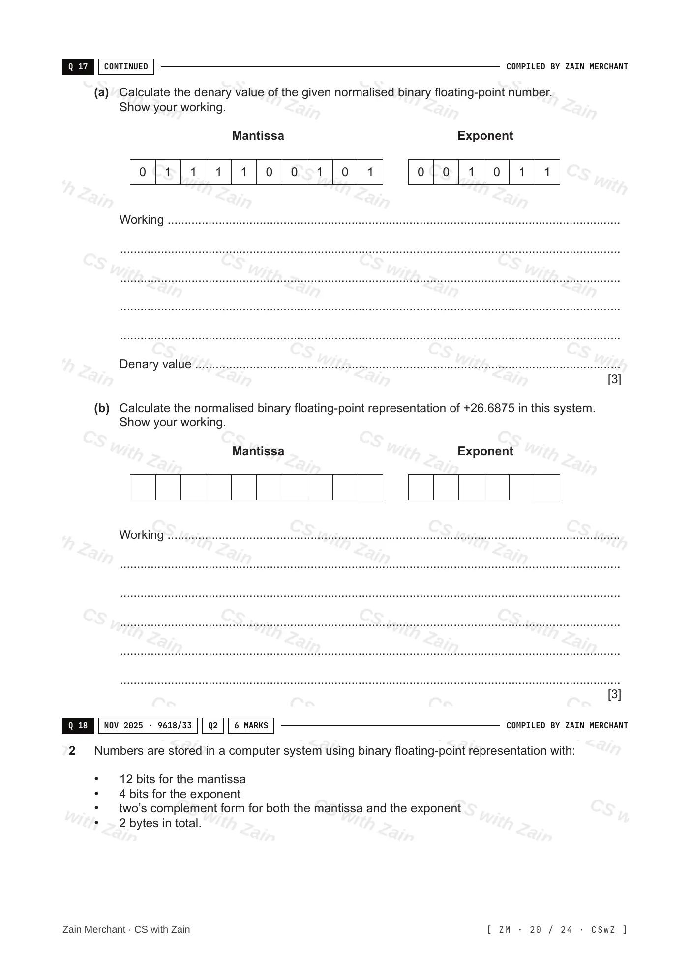 13.3 Floating-point numbers, representation and manipulation questions, page 19