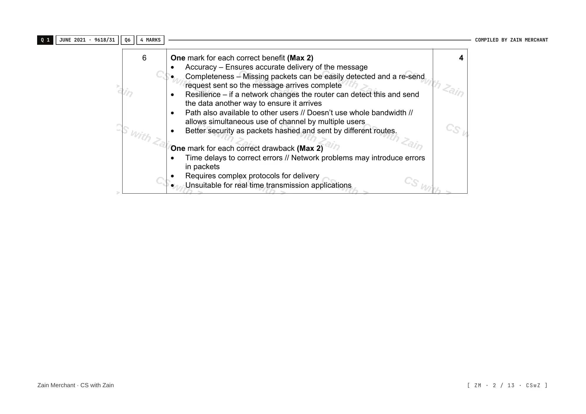 14.2 Circuit switching, packet switching mark scheme, page 1