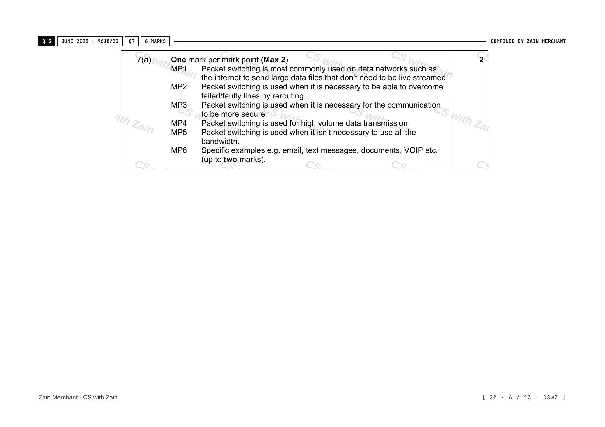 14.2 Circuit switching, packet switching mark scheme, page 5