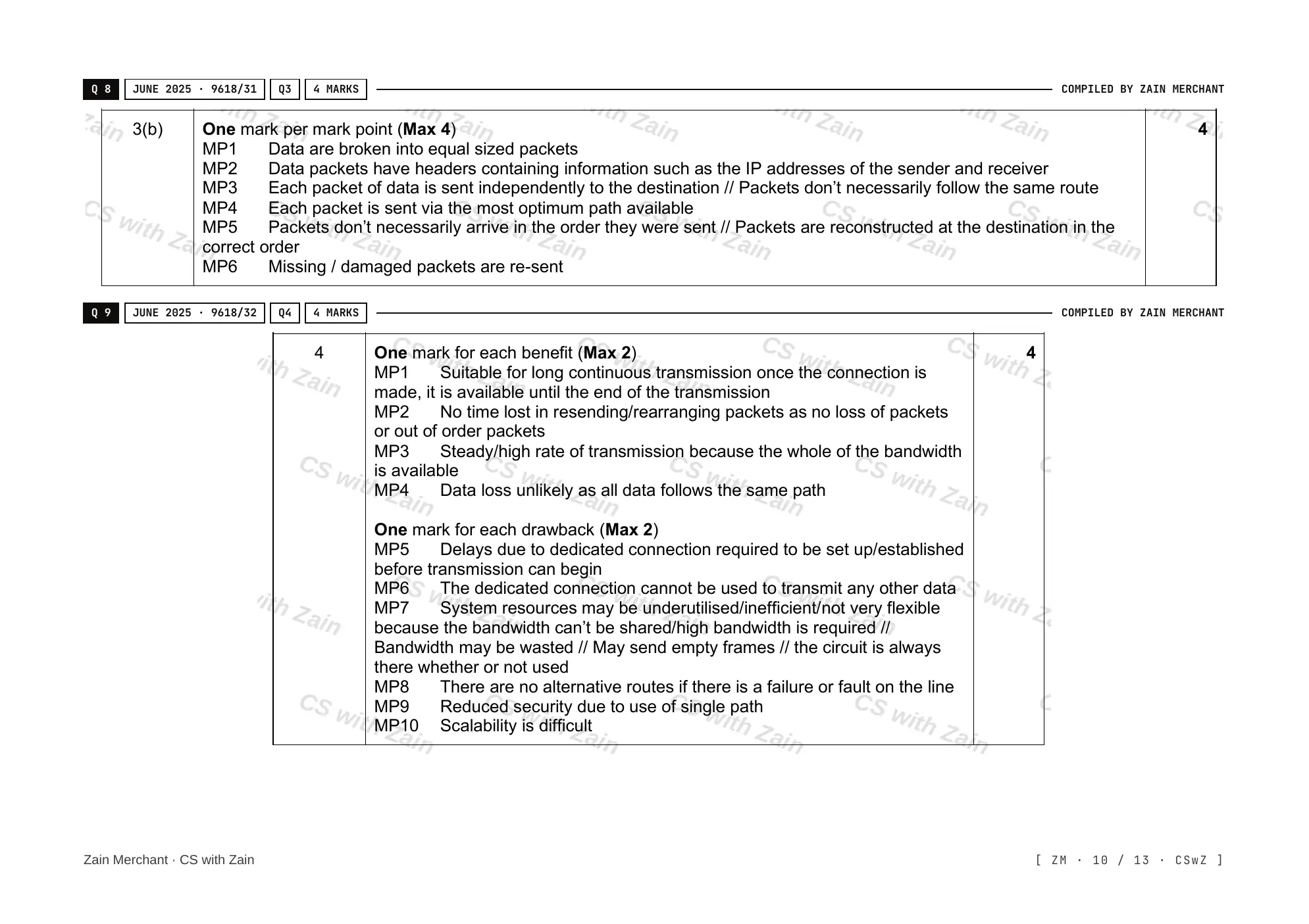 14.2 Circuit switching, packet switching mark scheme, page 9