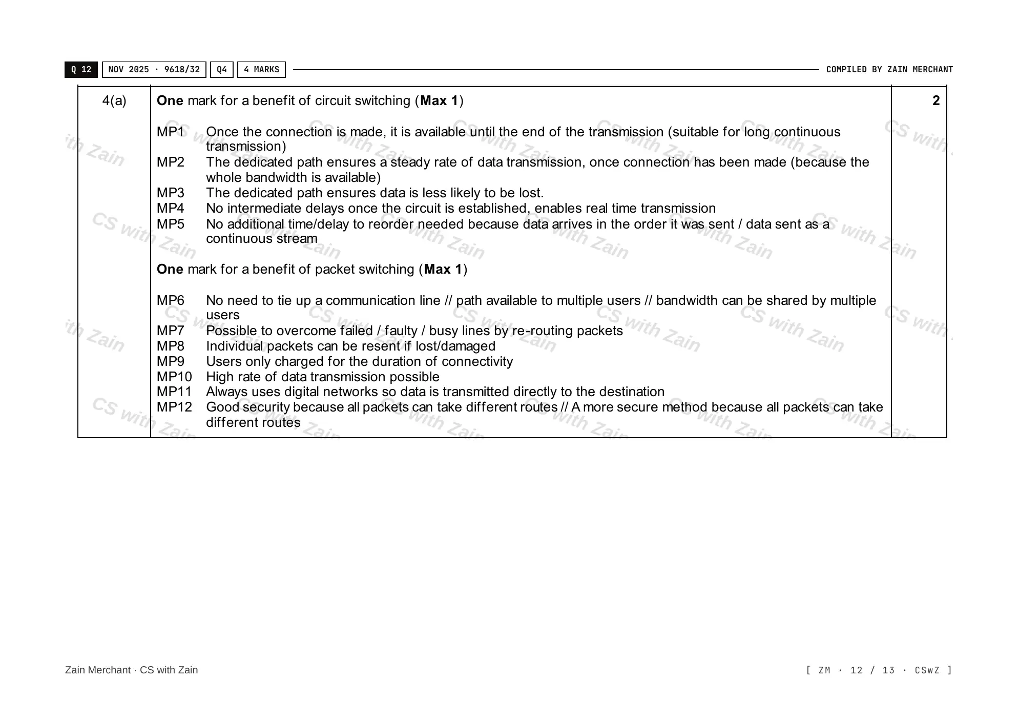 14.2 Circuit switching, packet switching mark scheme, page 11