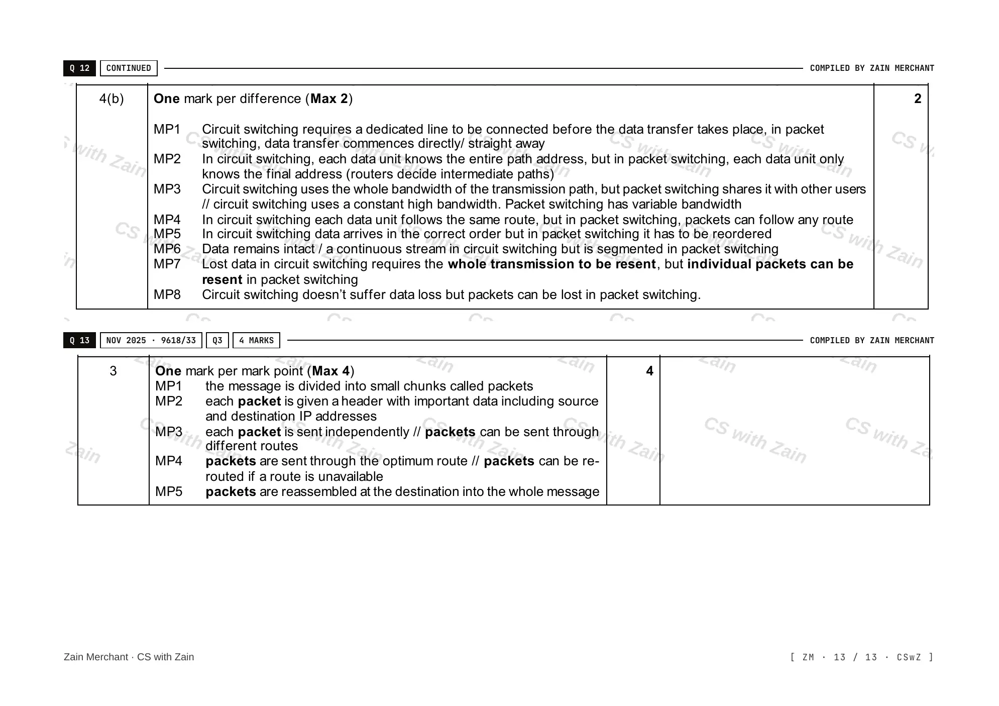 14.2 Circuit switching, packet switching mark scheme, page 12