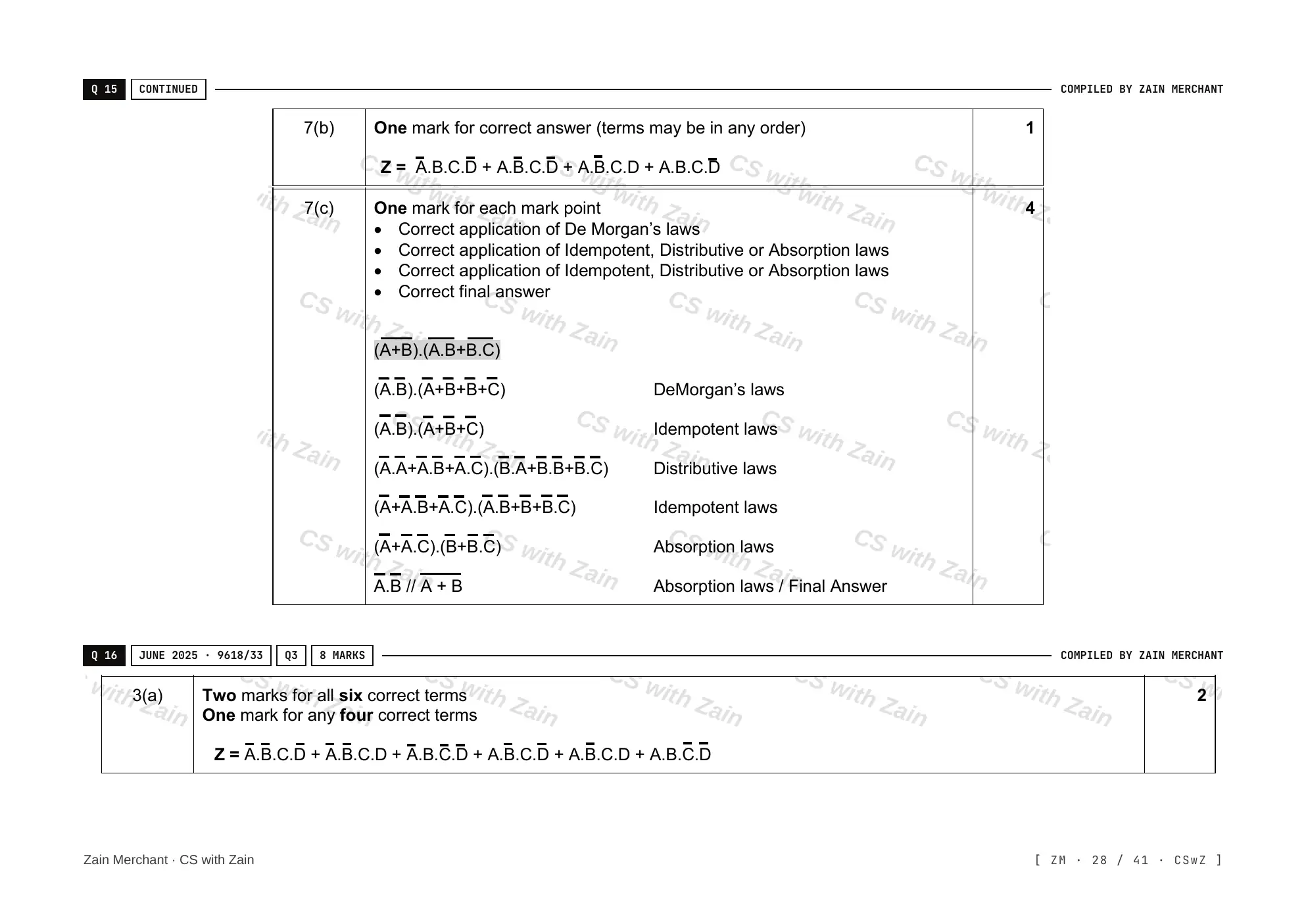 15.2 Boolean Algebra and Logic Circuits mark scheme, page 27