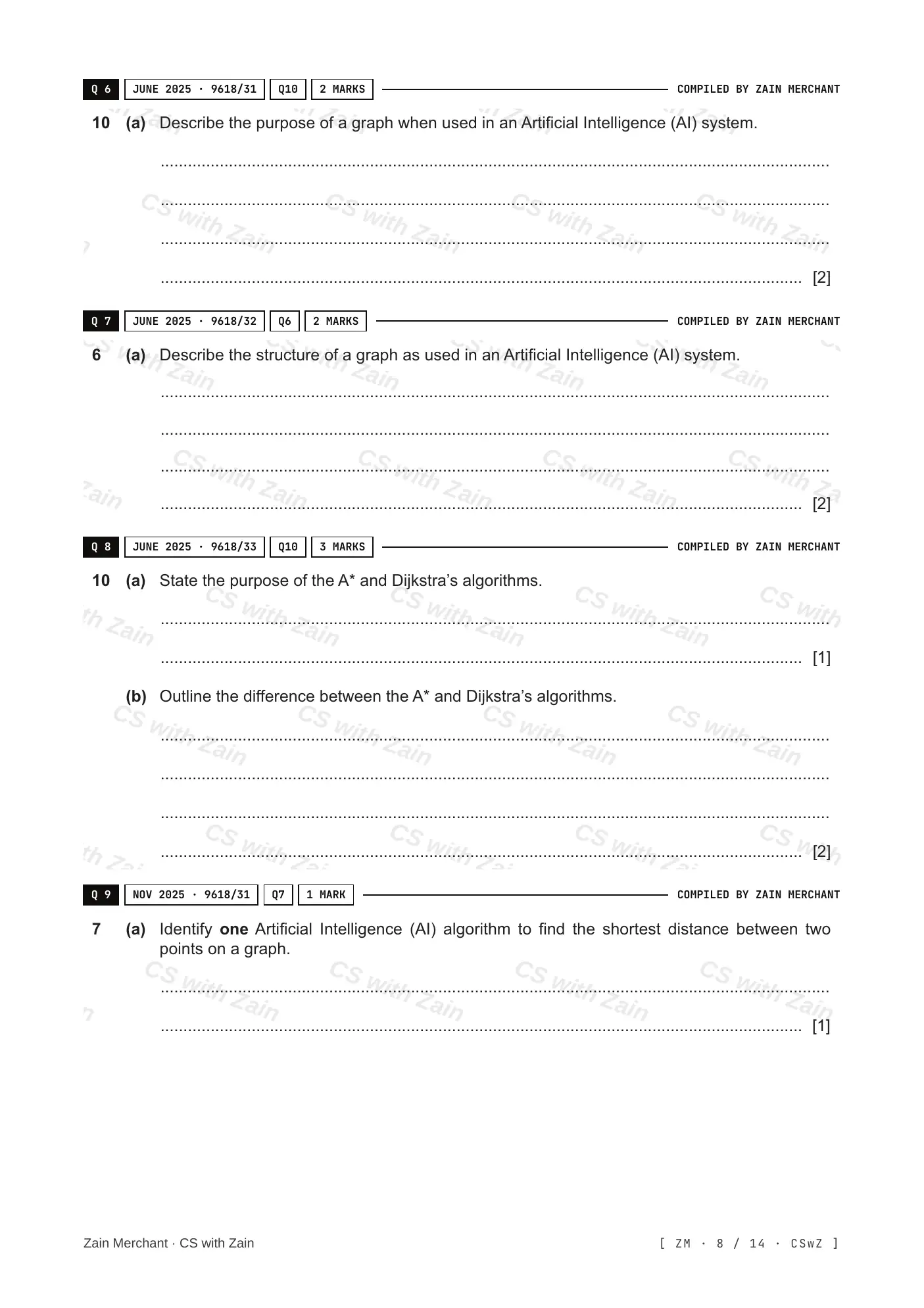 18.1 Artificial Intelligence: Graphs, Dijkstra and A* questions, page 7