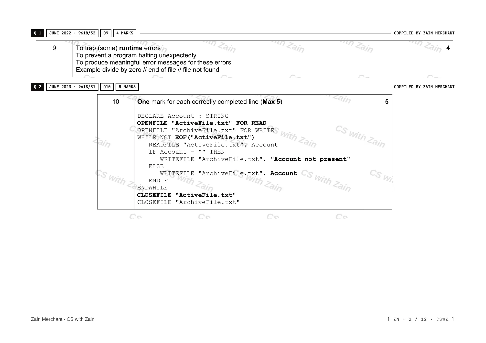 20.2 File Processing and Exception Handling mark scheme, page 1