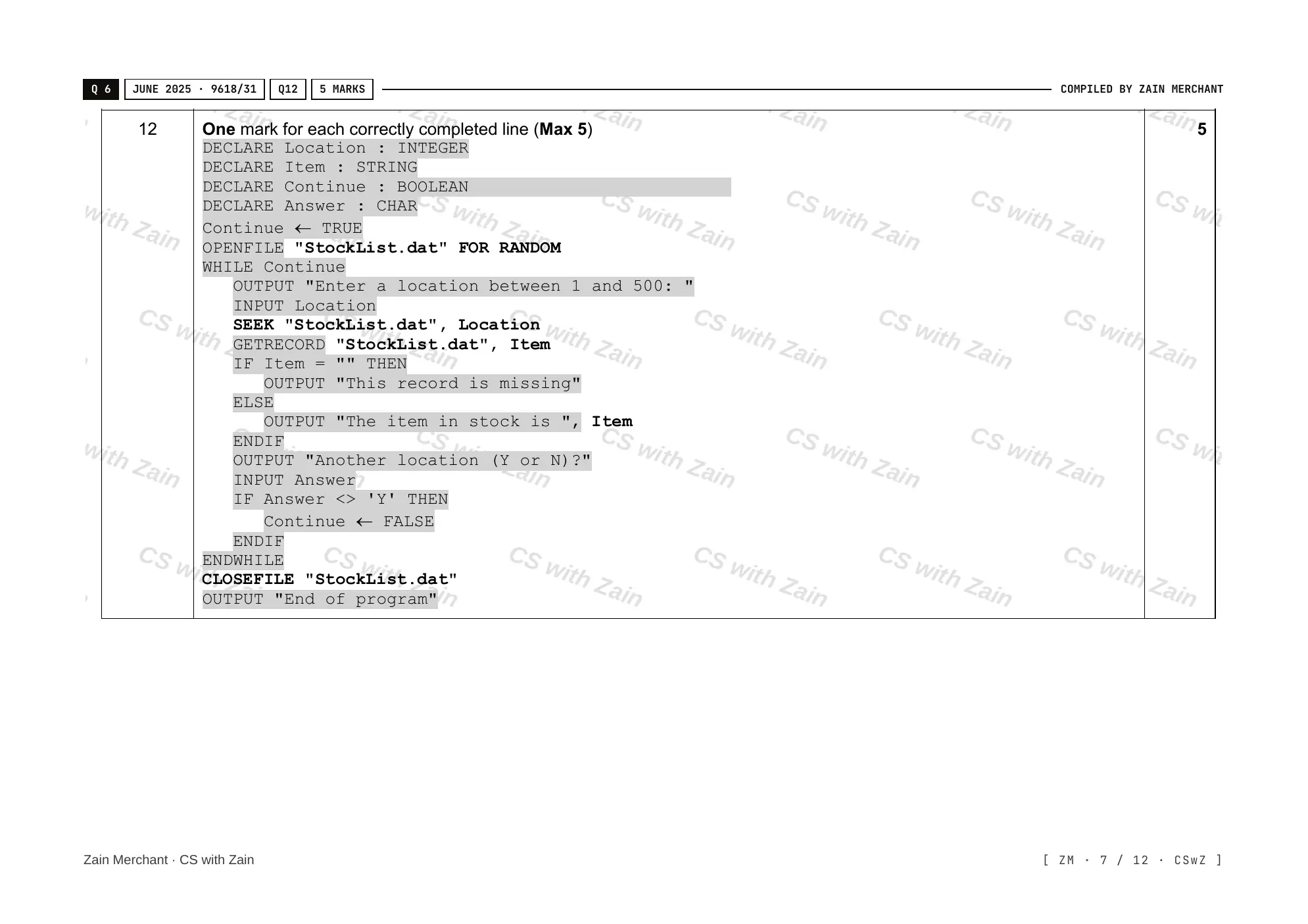 20.2 File Processing and Exception Handling mark scheme, page 6