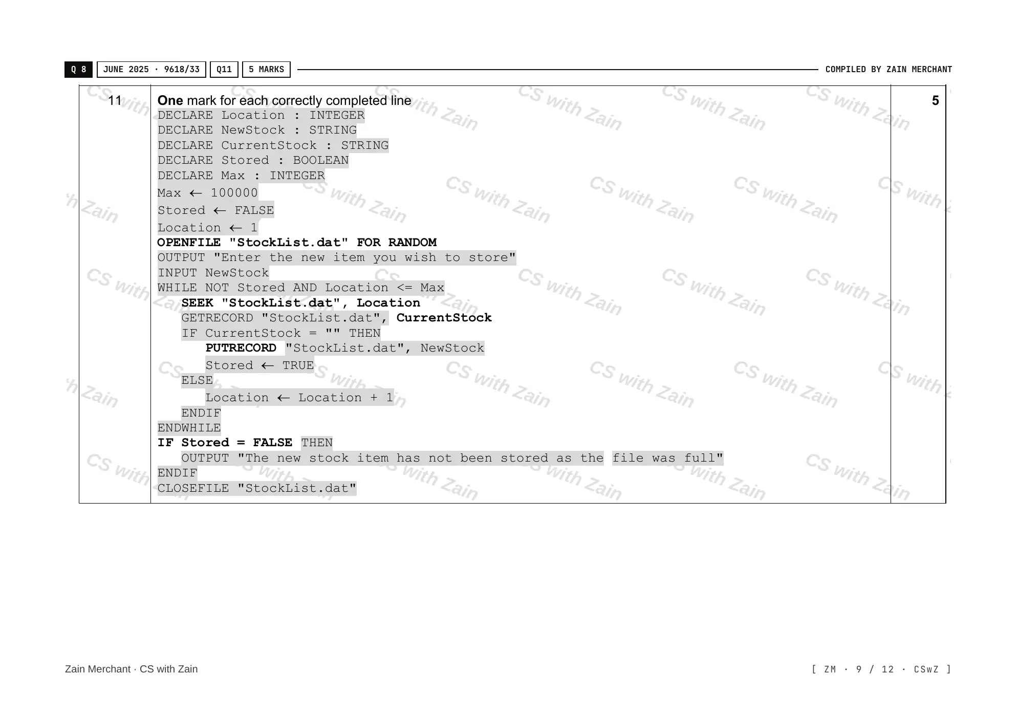 20.2 File Processing and Exception Handling mark scheme, page 8