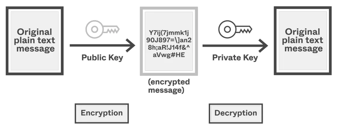 The original plain text message is encrypted with the public key to give an unreadable encrypted message, which is decrypted with the private key back into the original plain text message.